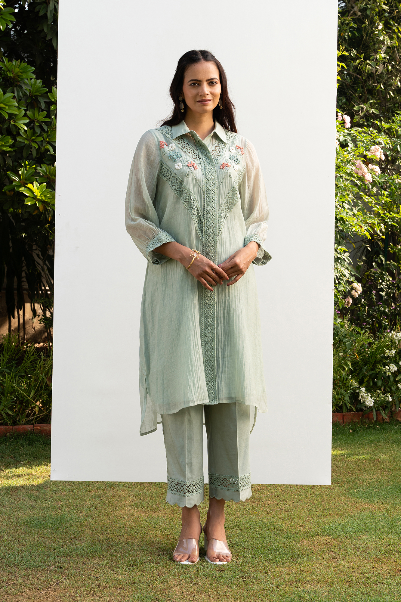 Sea Green Chanderi Collared Kurta Set