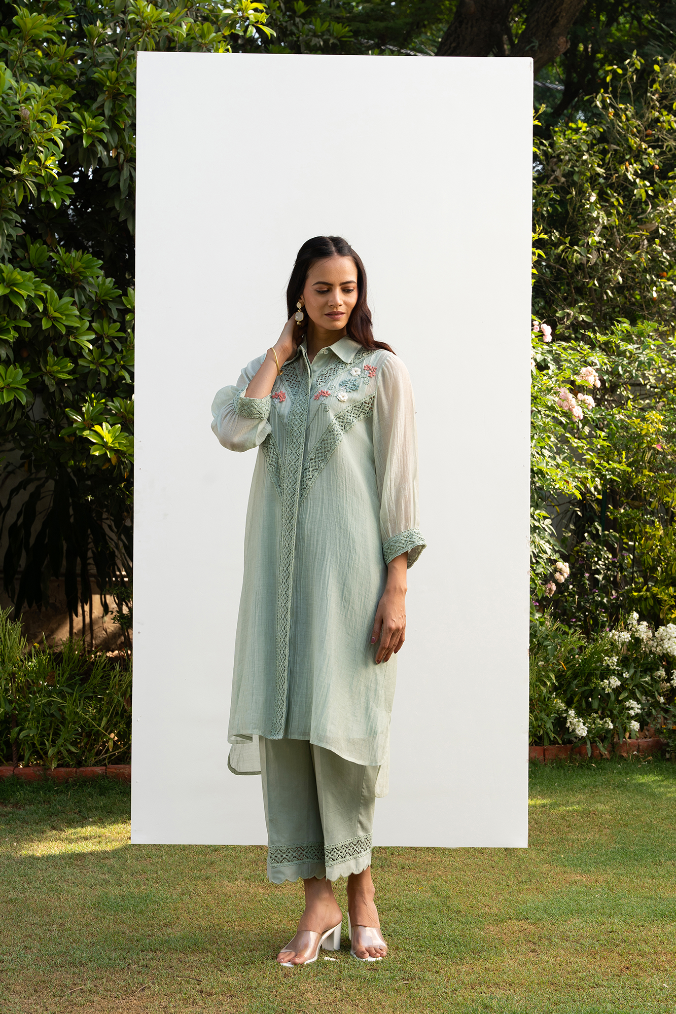 Sea Green Chanderi Collared Kurta Set