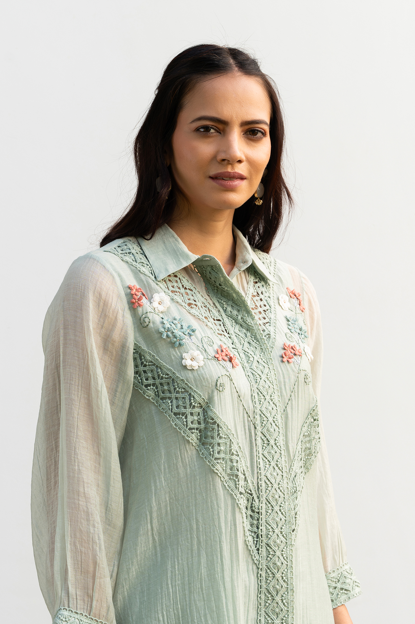 Sea Green Chanderi Collared Kurta Set