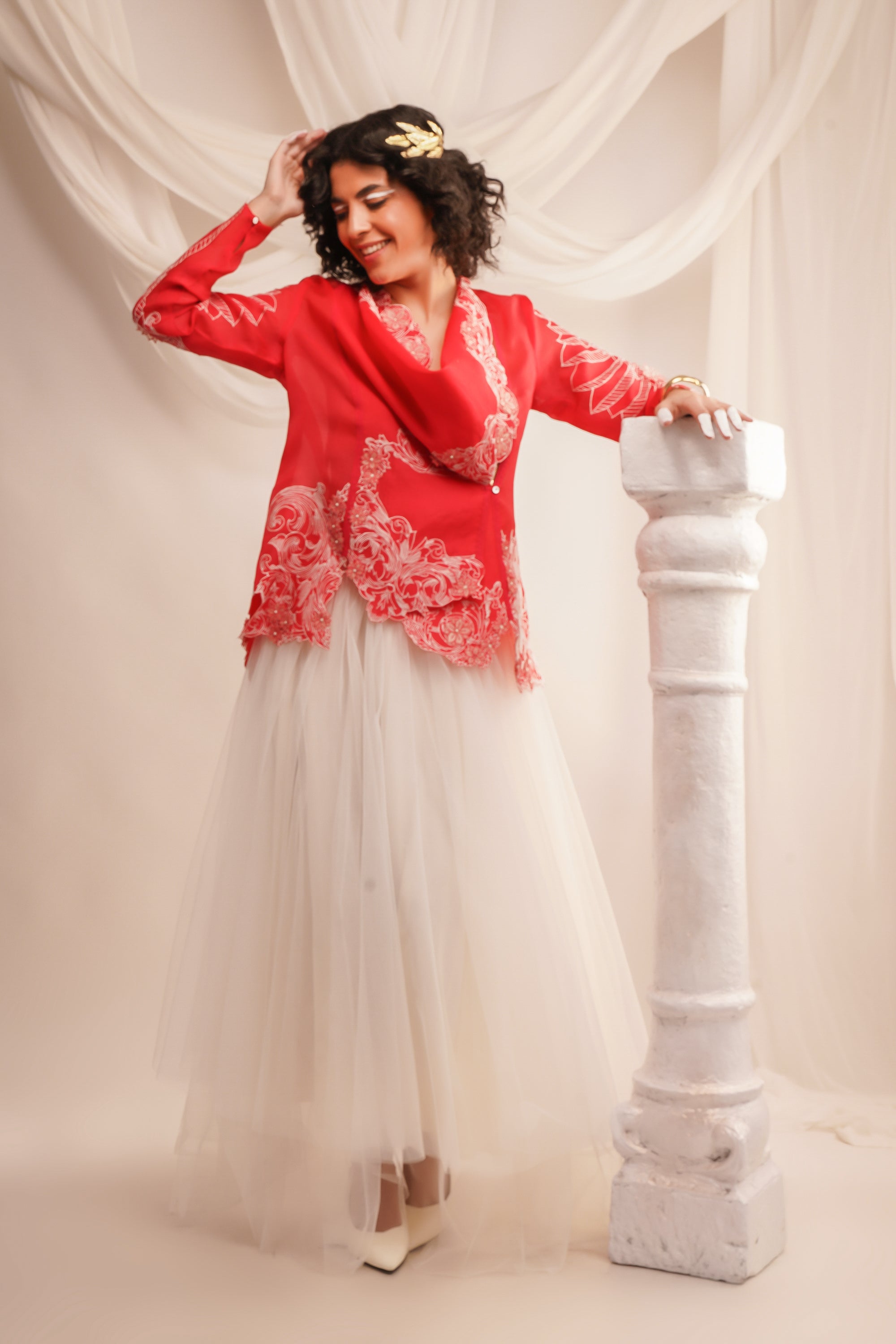 Coral Cowl Neck Organza Jacket With Wing Detailing On The Sleeves