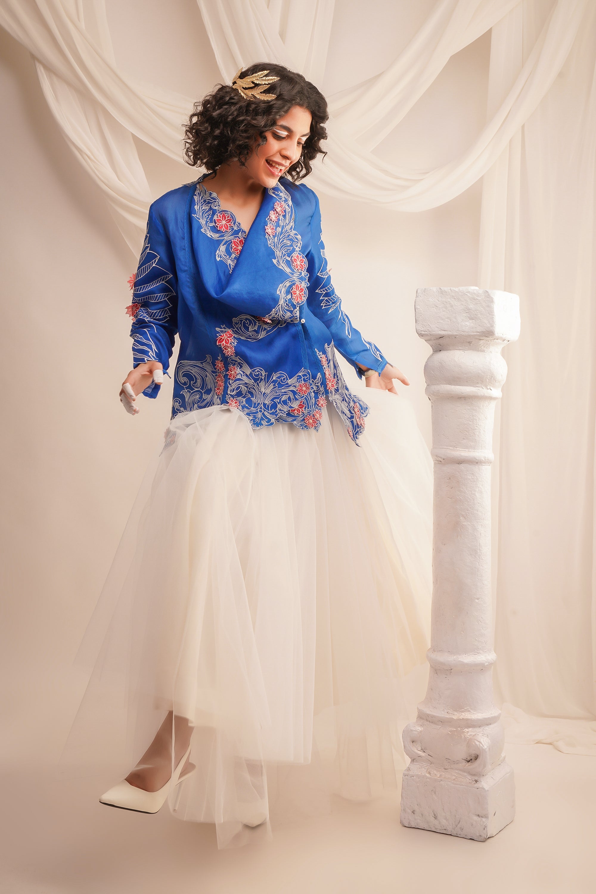 Cobalt Cowl Neck Organza Jacket With Wing Detailing On The Sleeves