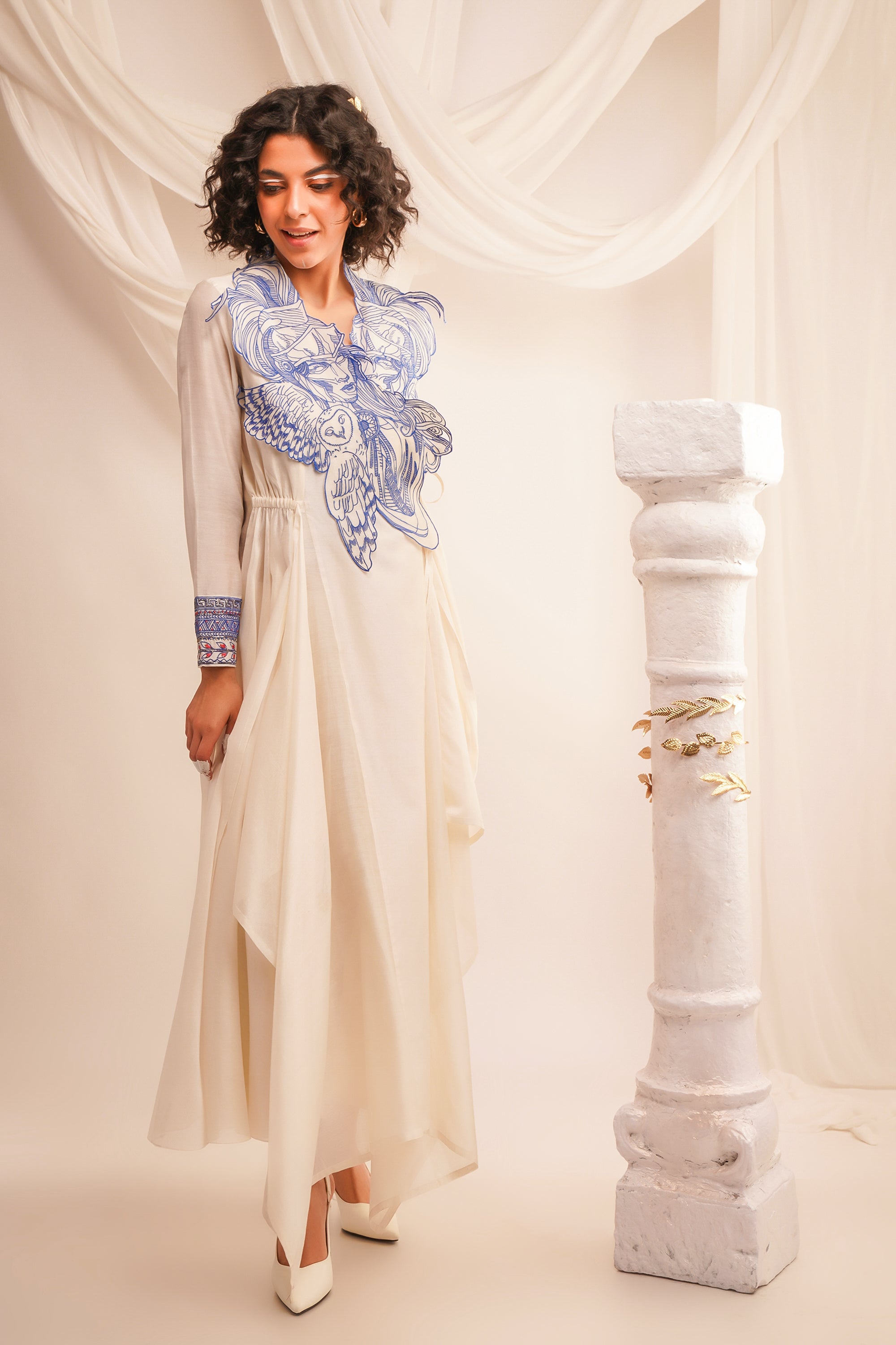 Ivory Cowl Neck Angrakha With Braided Belt and Pants