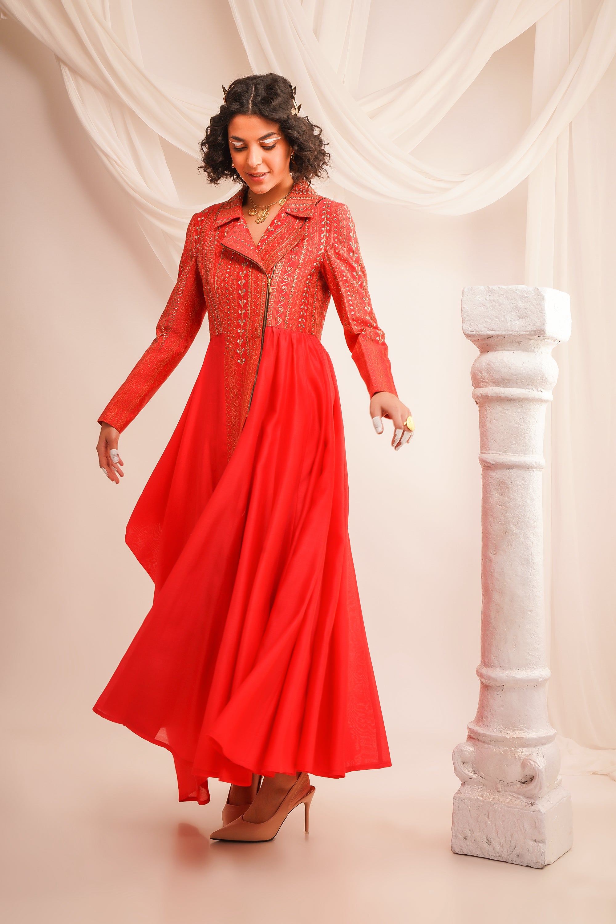 Coral Textured Embroidered Biker Anarkali With Pants