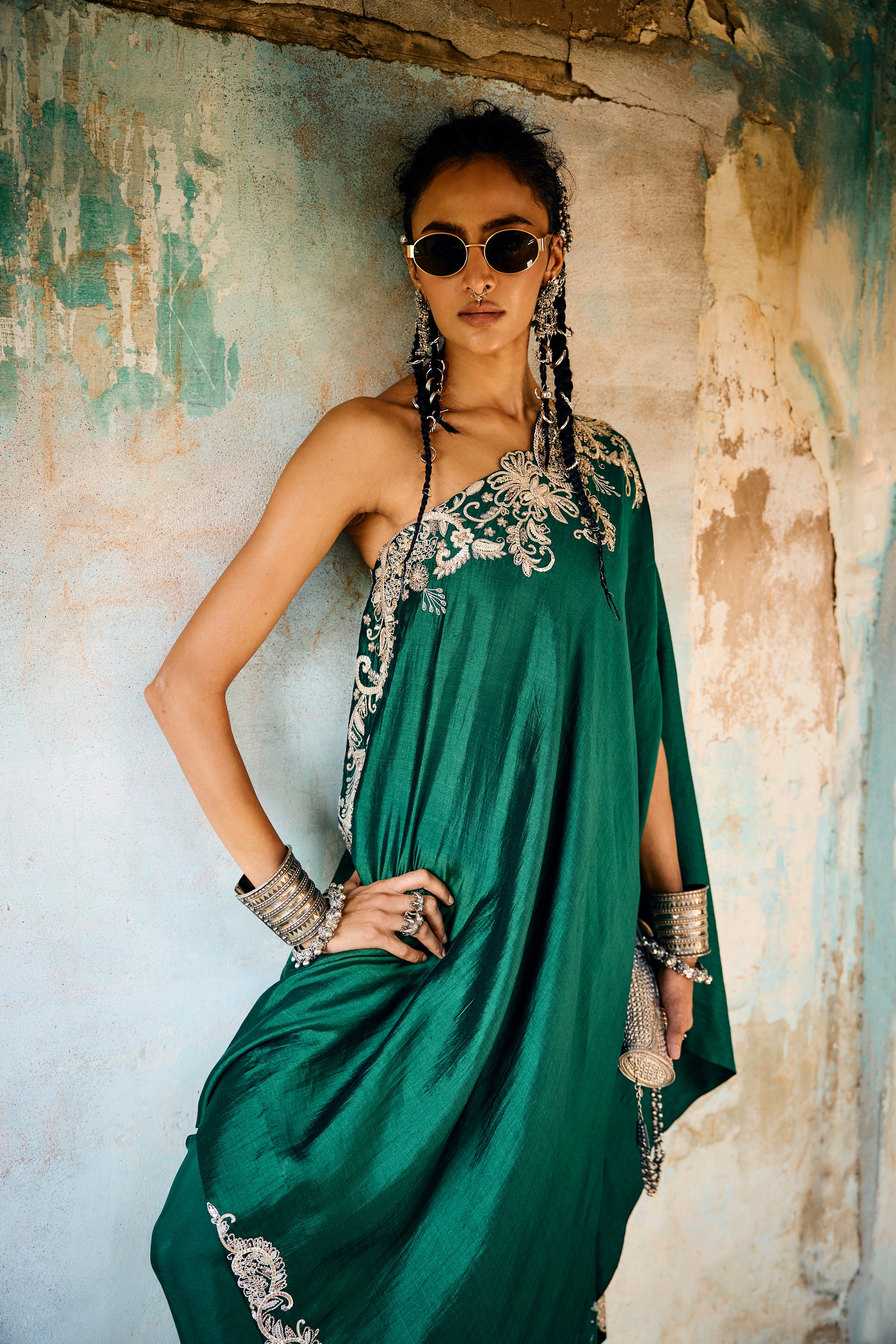 Emroidered Off Shoulder Cape With Wrap Skirt