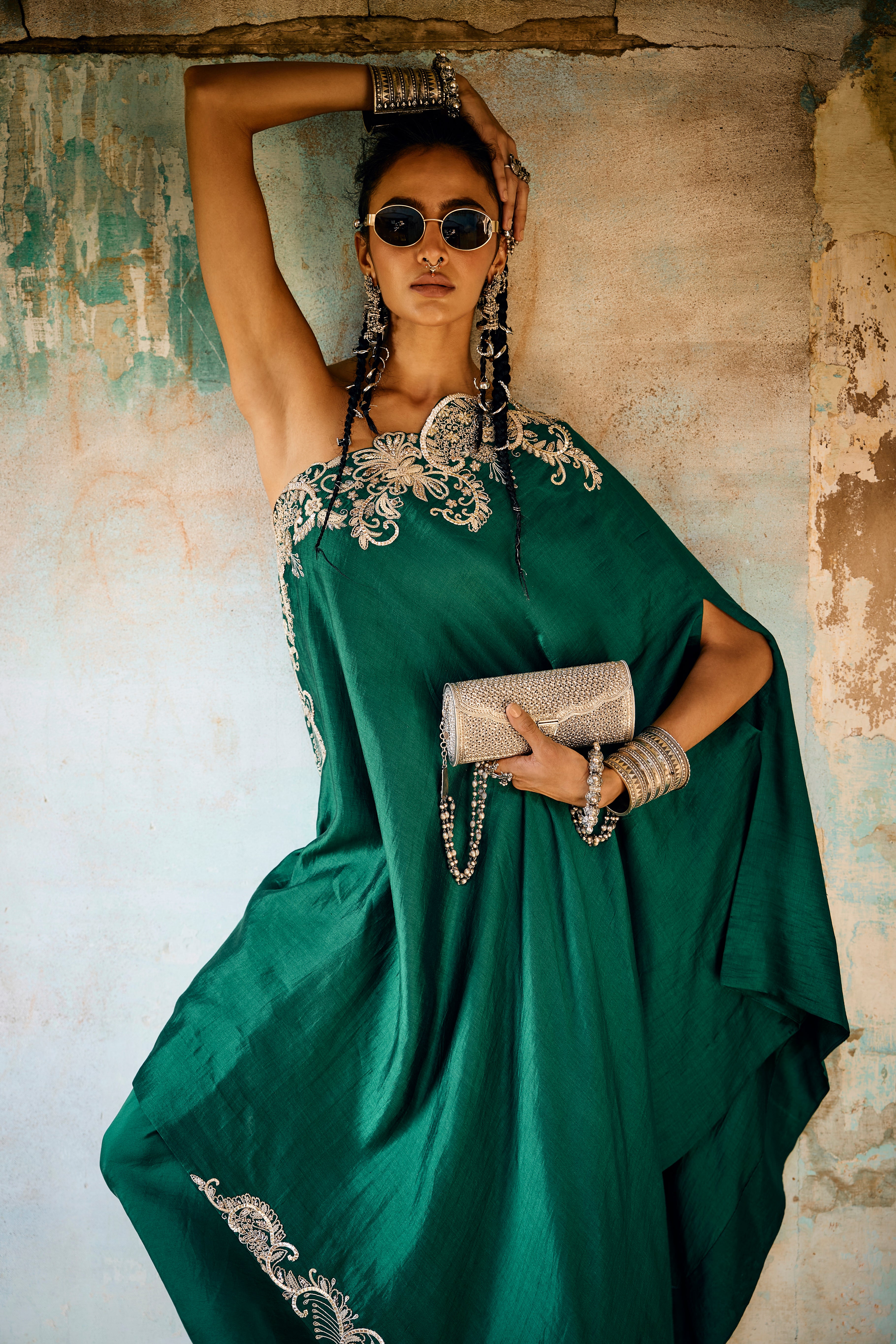 Emroidered Off Shoulder Cape With Wrap Skirt