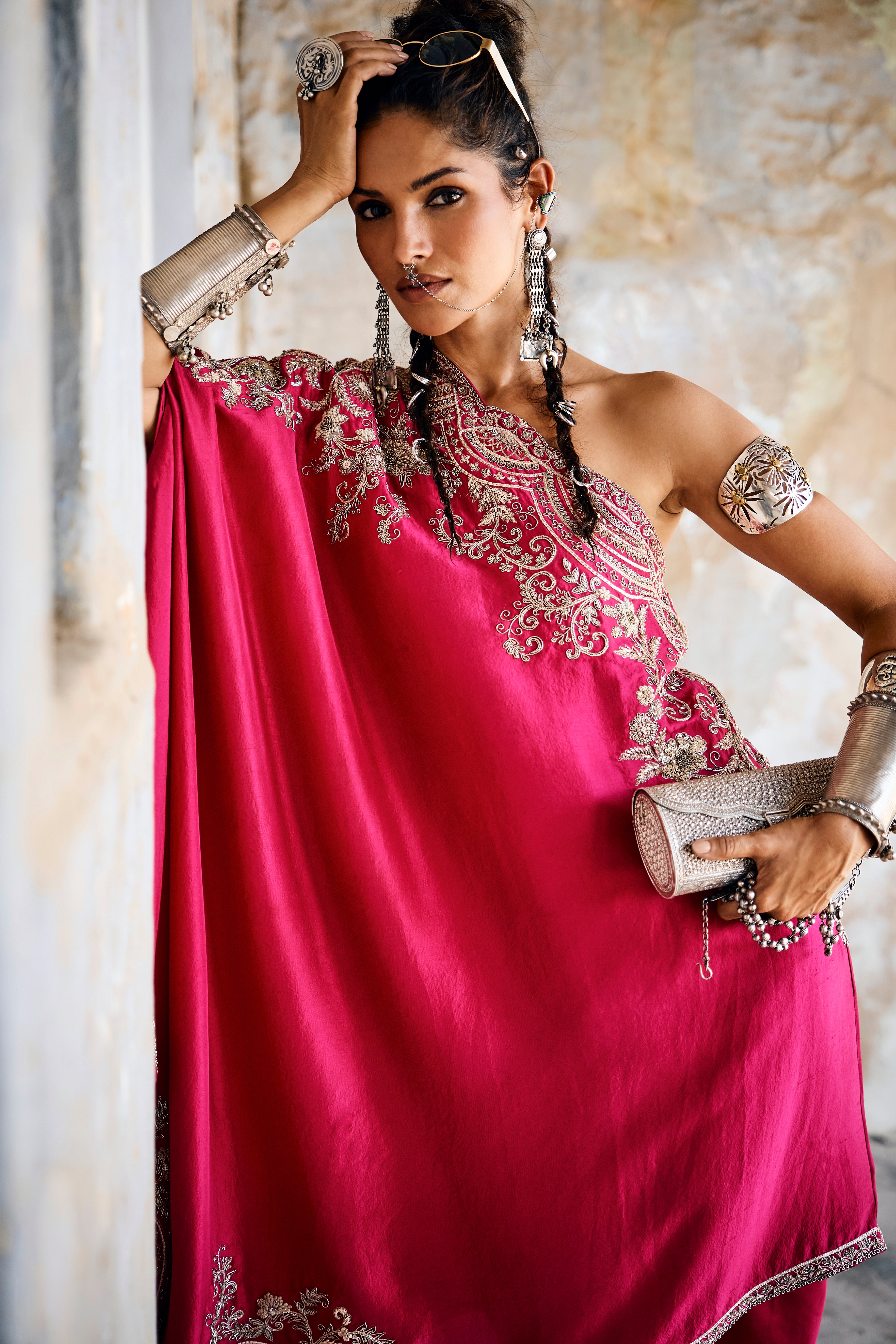Emroidered Off Shoulder Cape  With Wrap Skirt