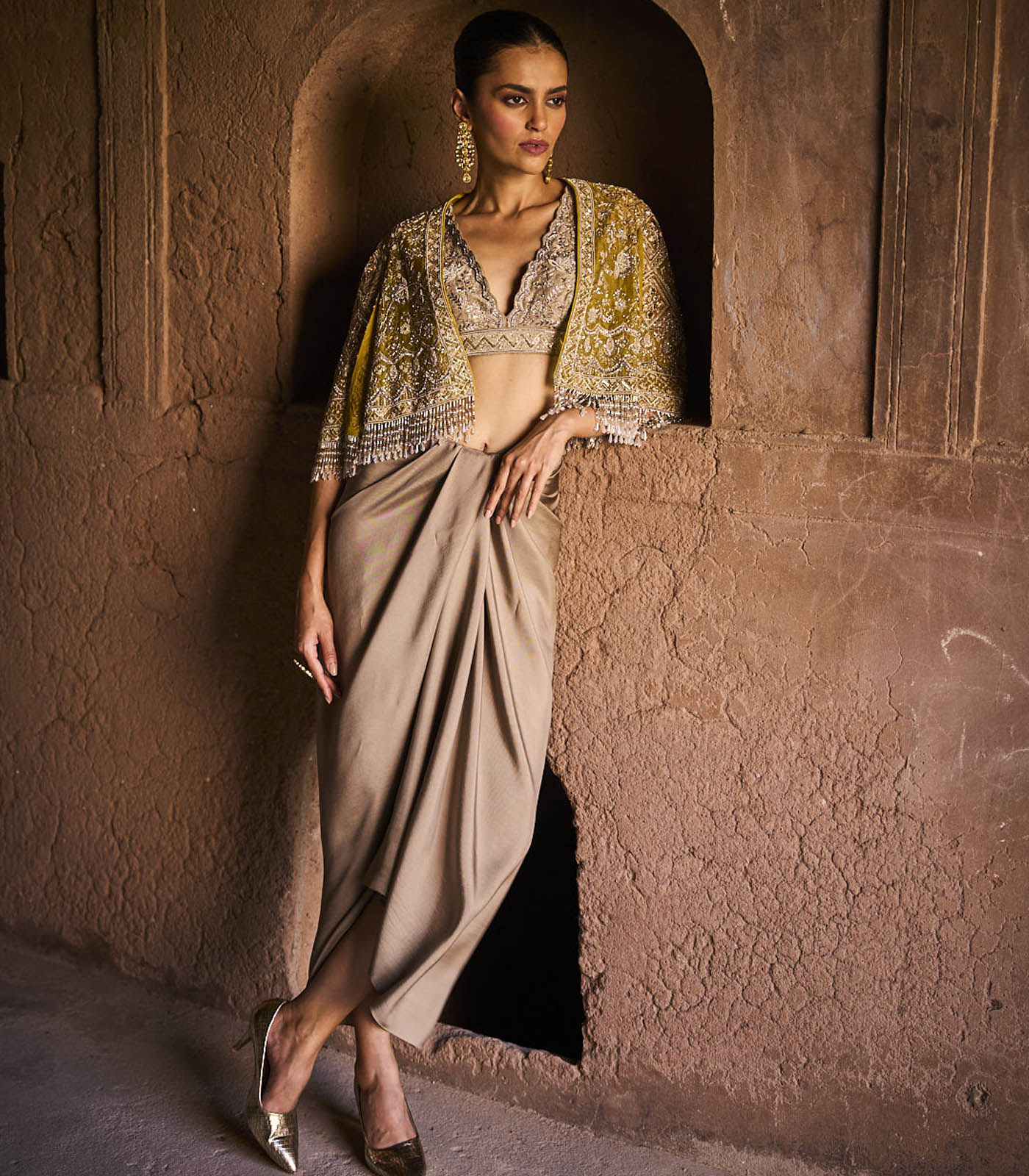Emroidered Cape With Blouse And Wrap Skirt