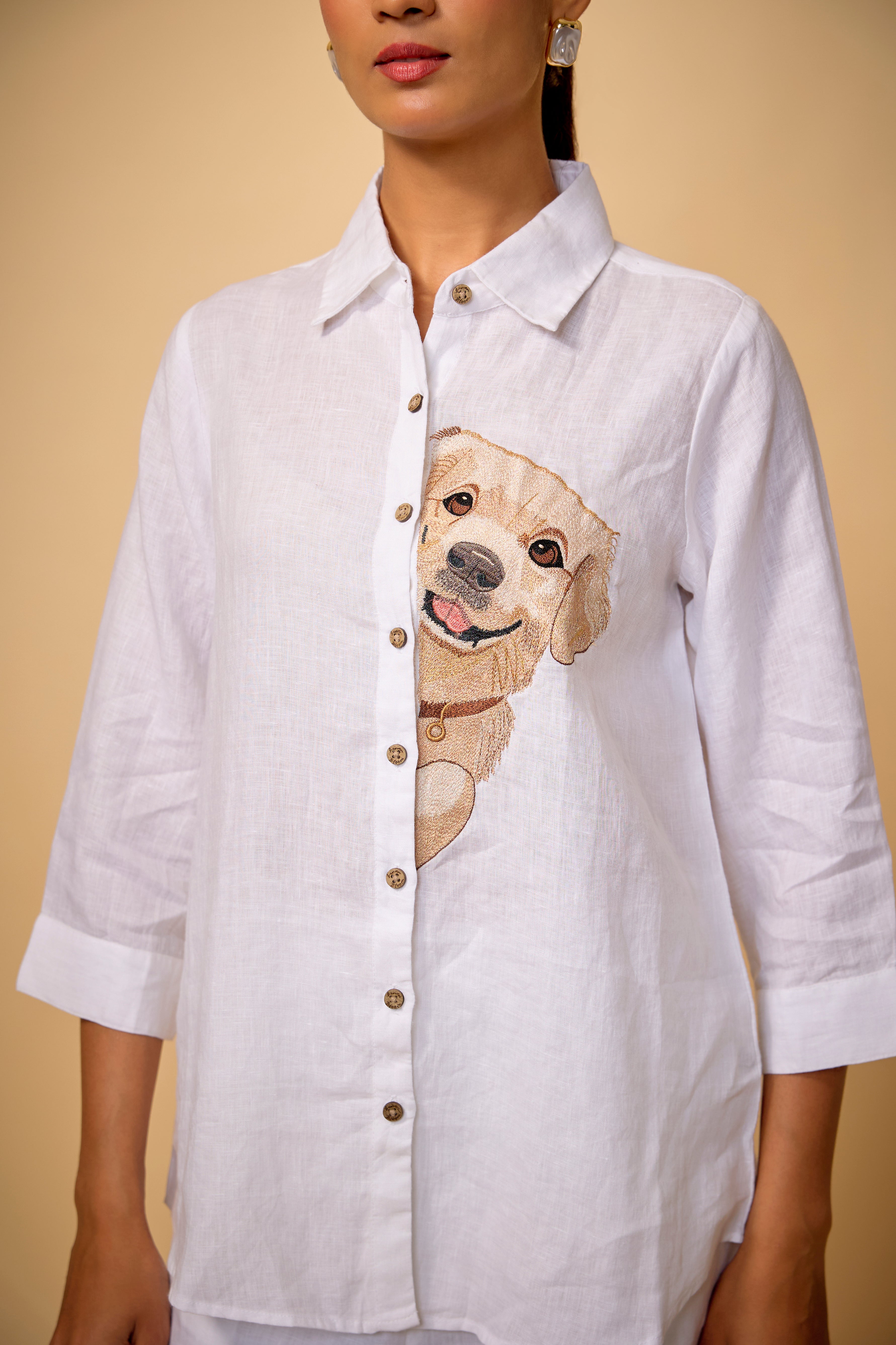 Pure Linen White Balou Embroidered Shirt