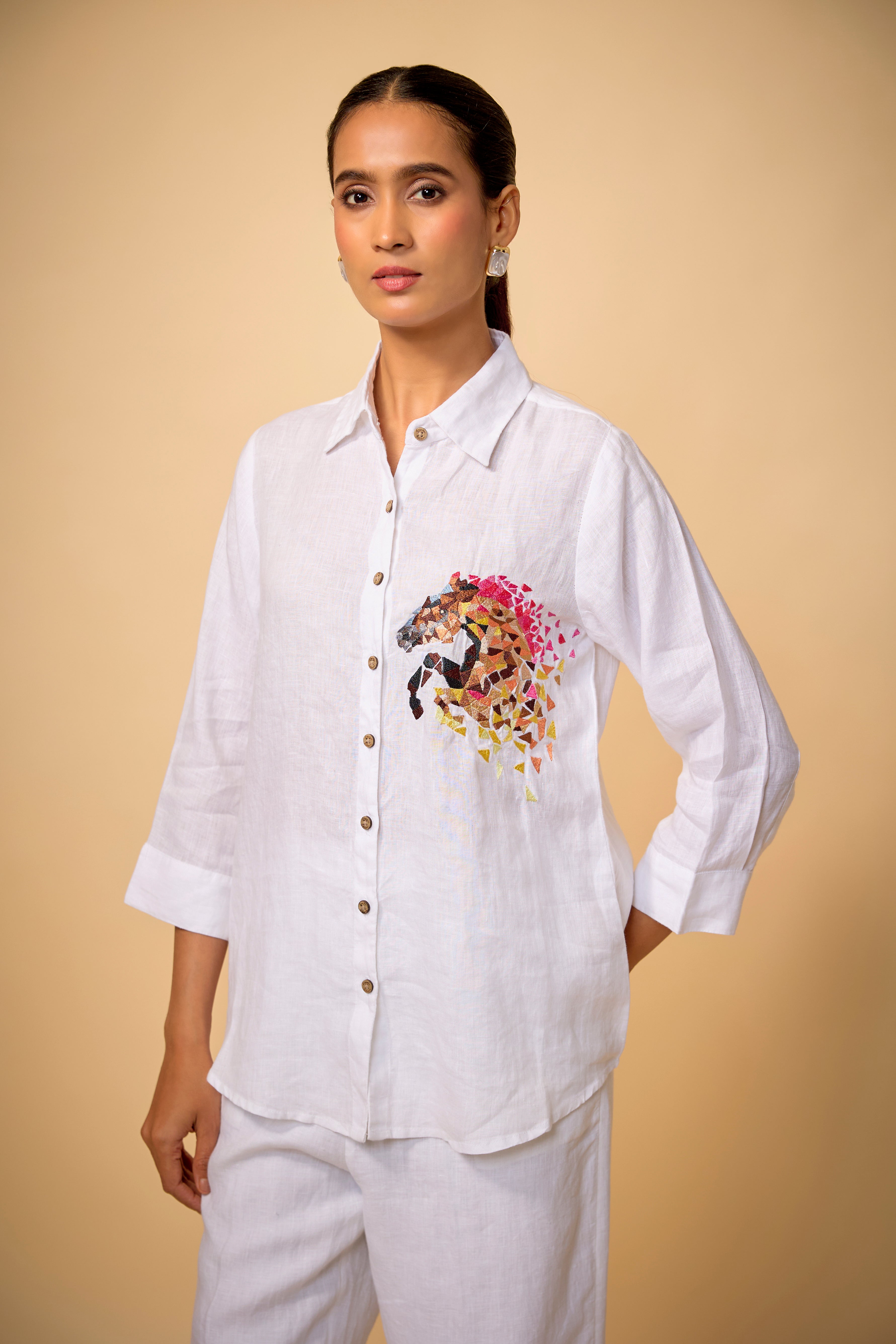 Pure Linen White Cubic Horse Embroidery  Shirt