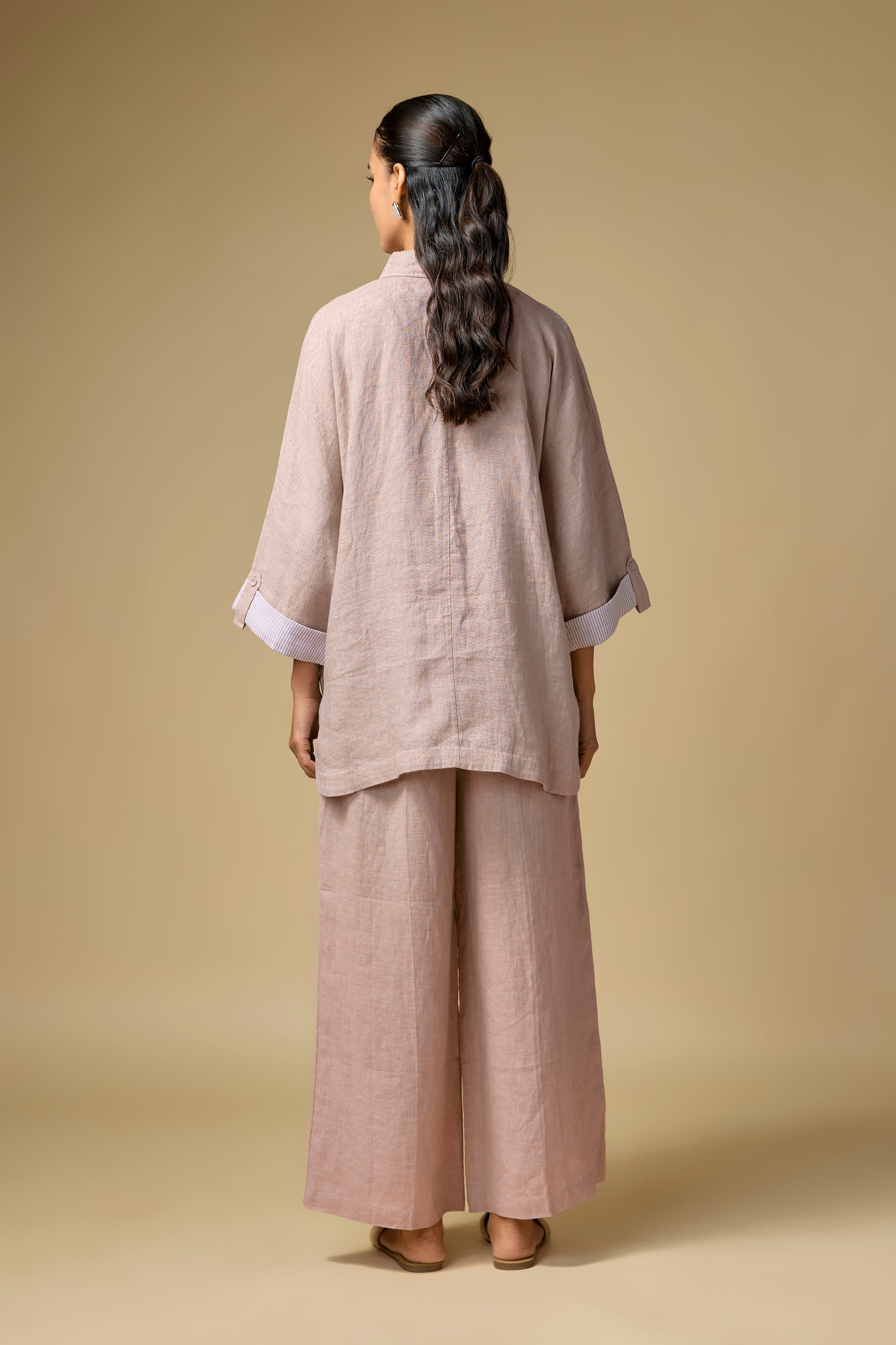 Pure Linen Pink Kantha Work Big Co-ord Set