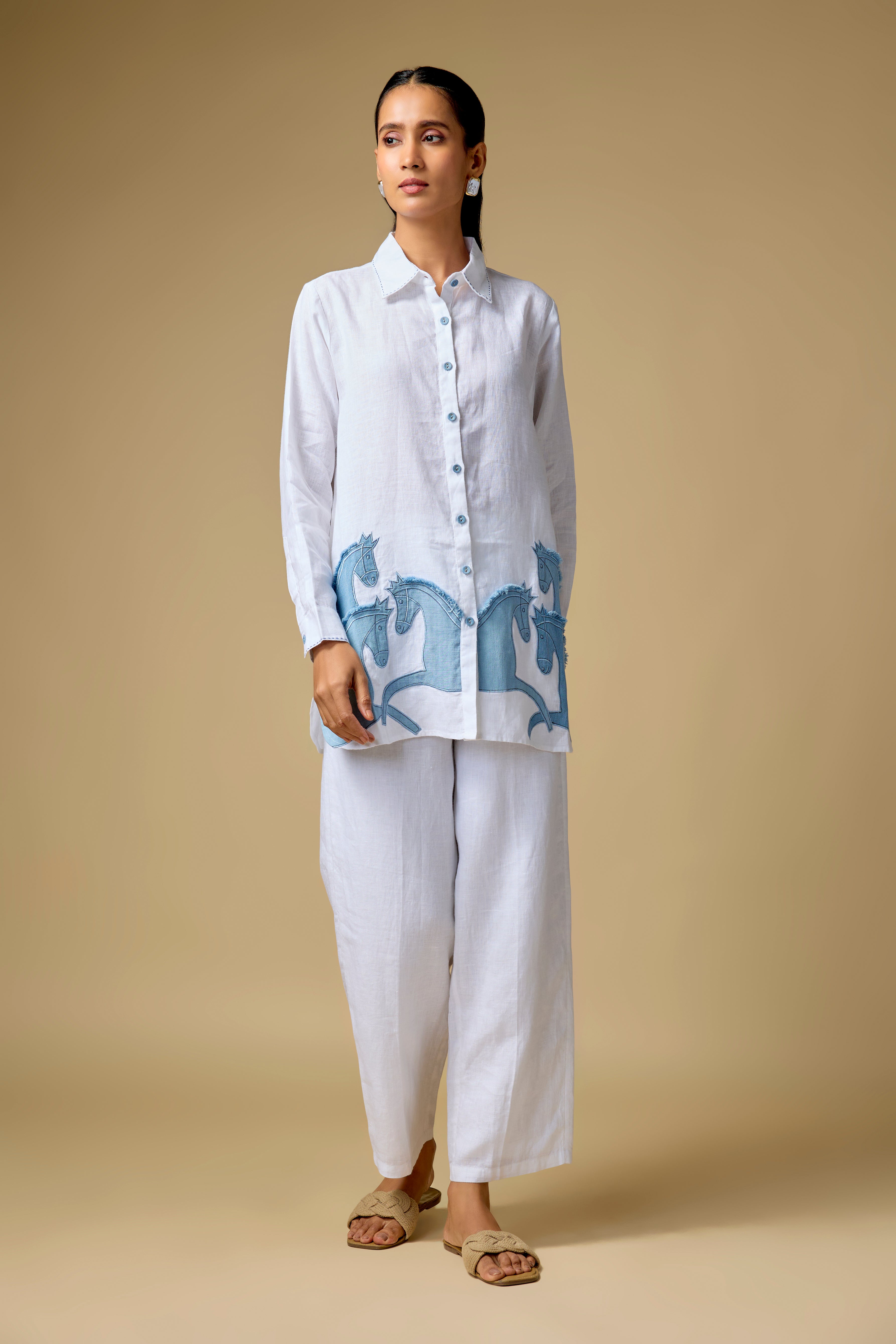 White Denim Horse Embroidered Big Shirt