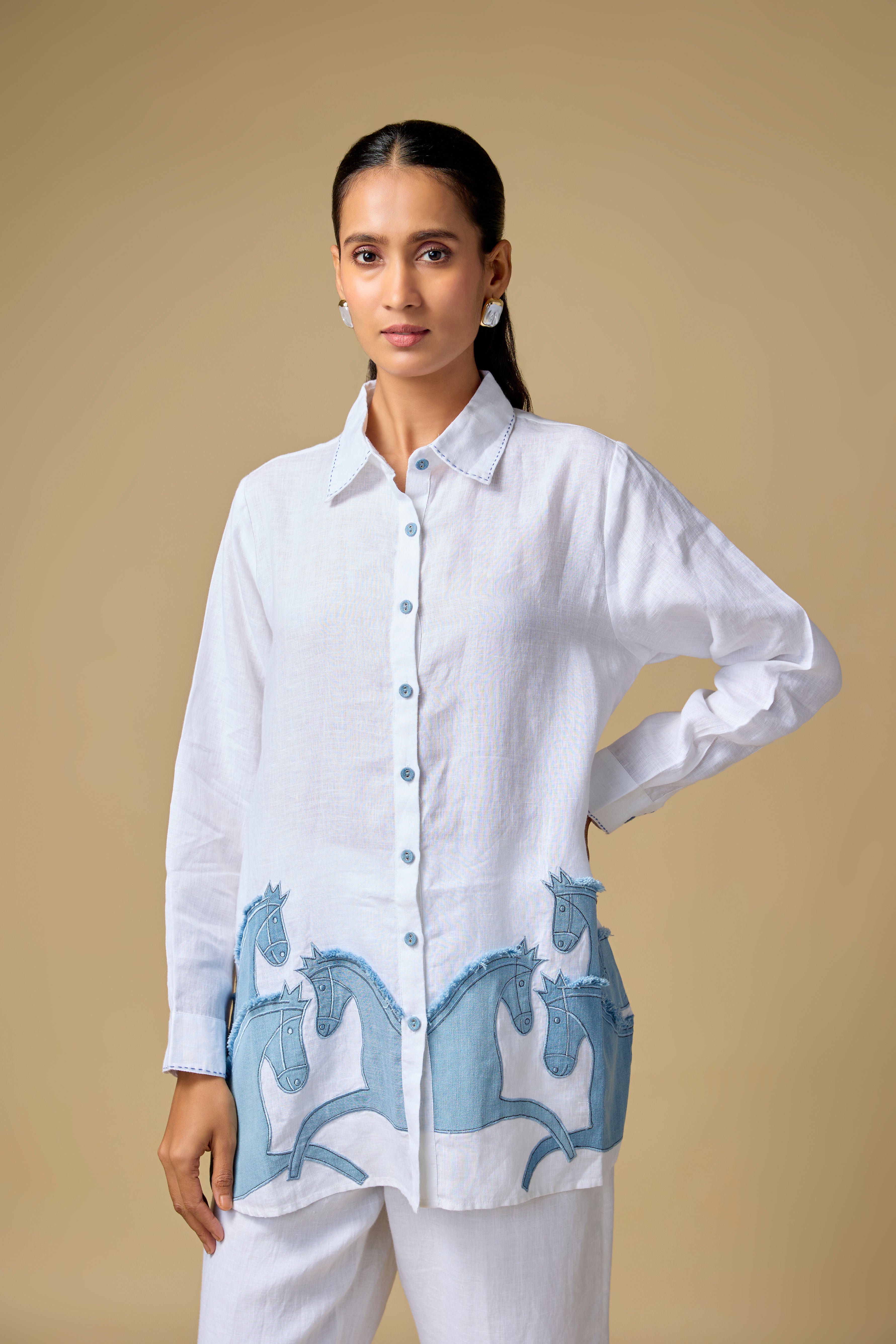 White Denim Horse Embroidered Big Shirt