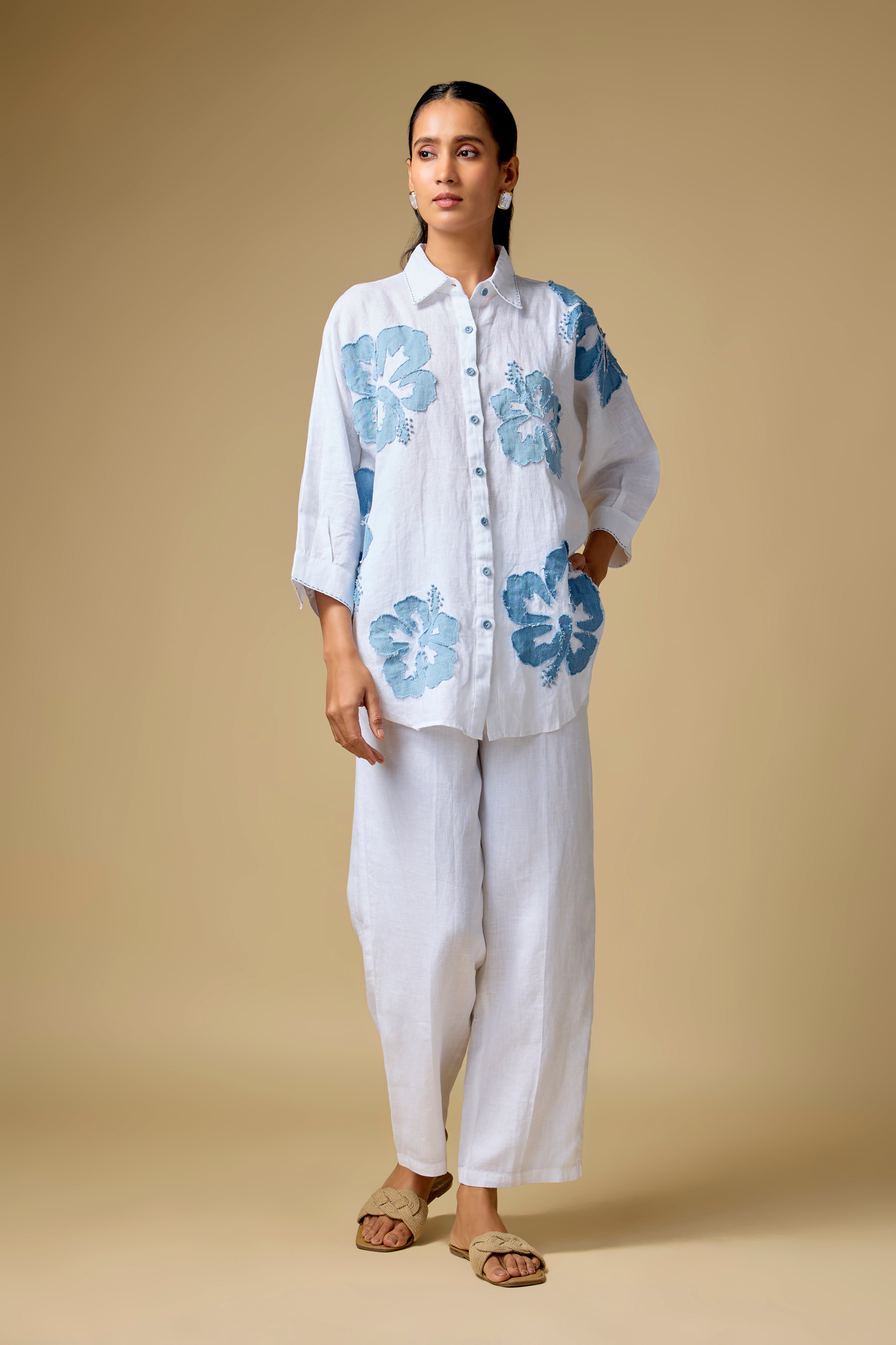 Pure Linen White Denim Floral Appliqué Shirt