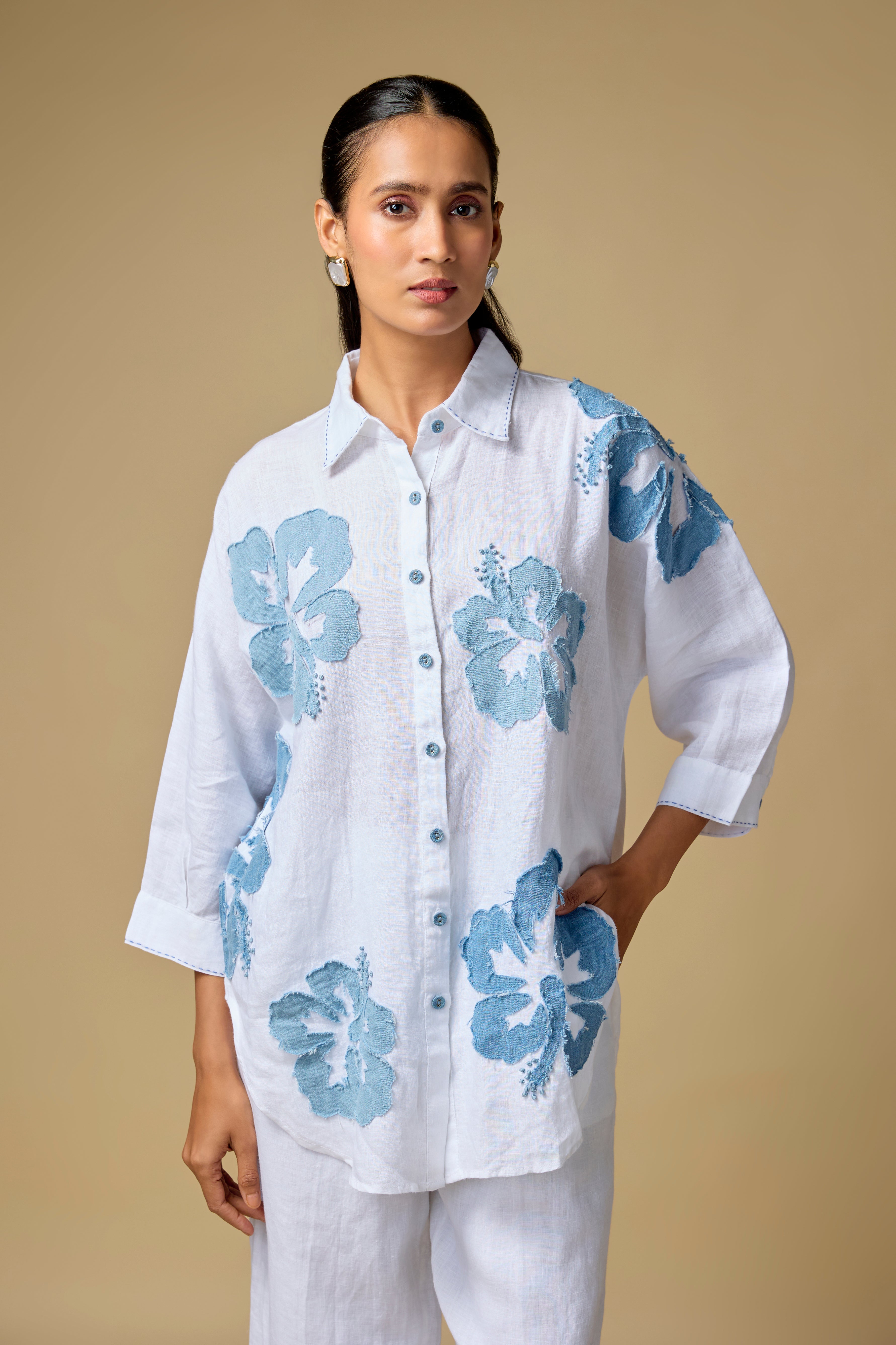 Pure Linen White Denim Floral Appliqué Shirt