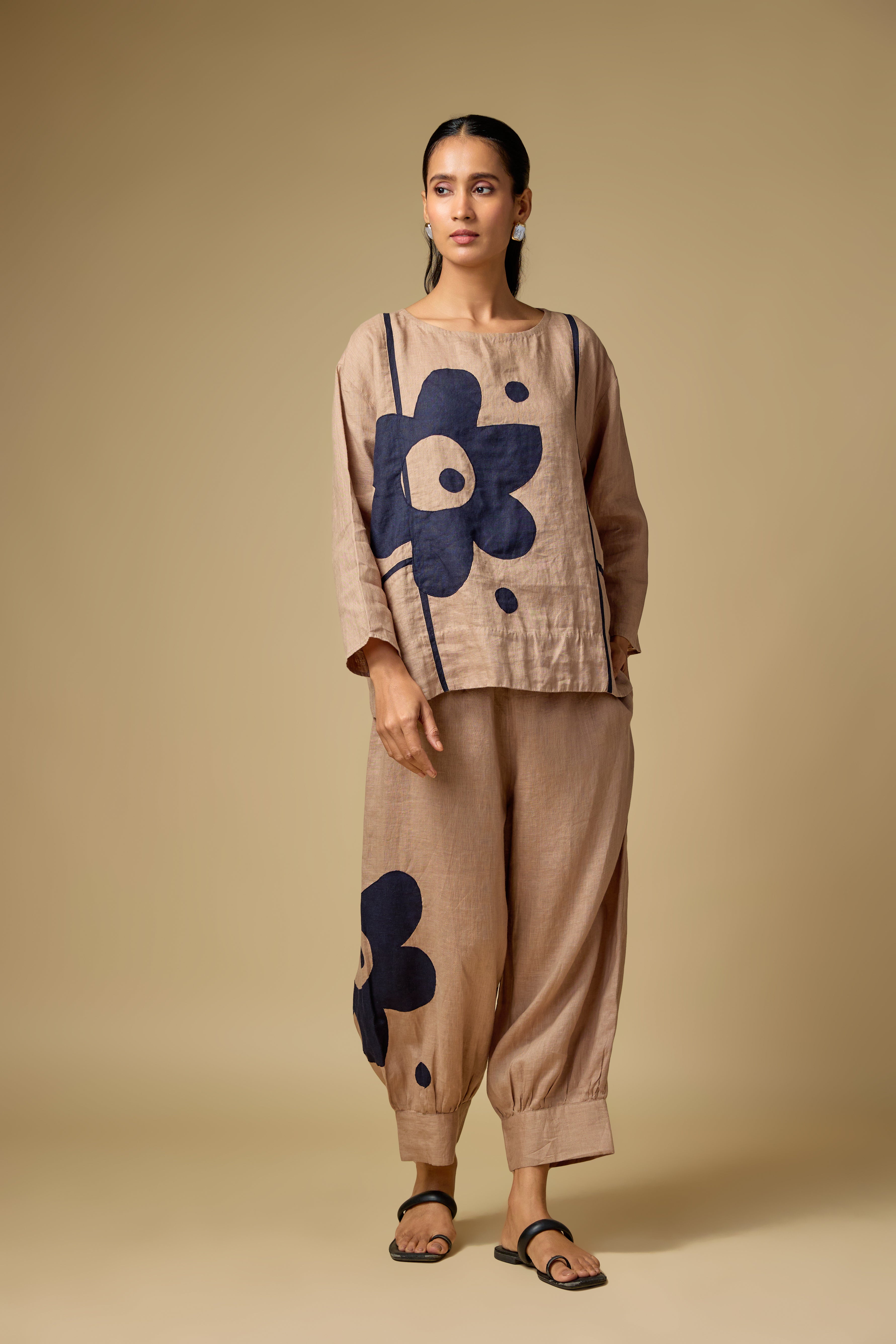 Pure Linen Khakhi Floral Coord Set