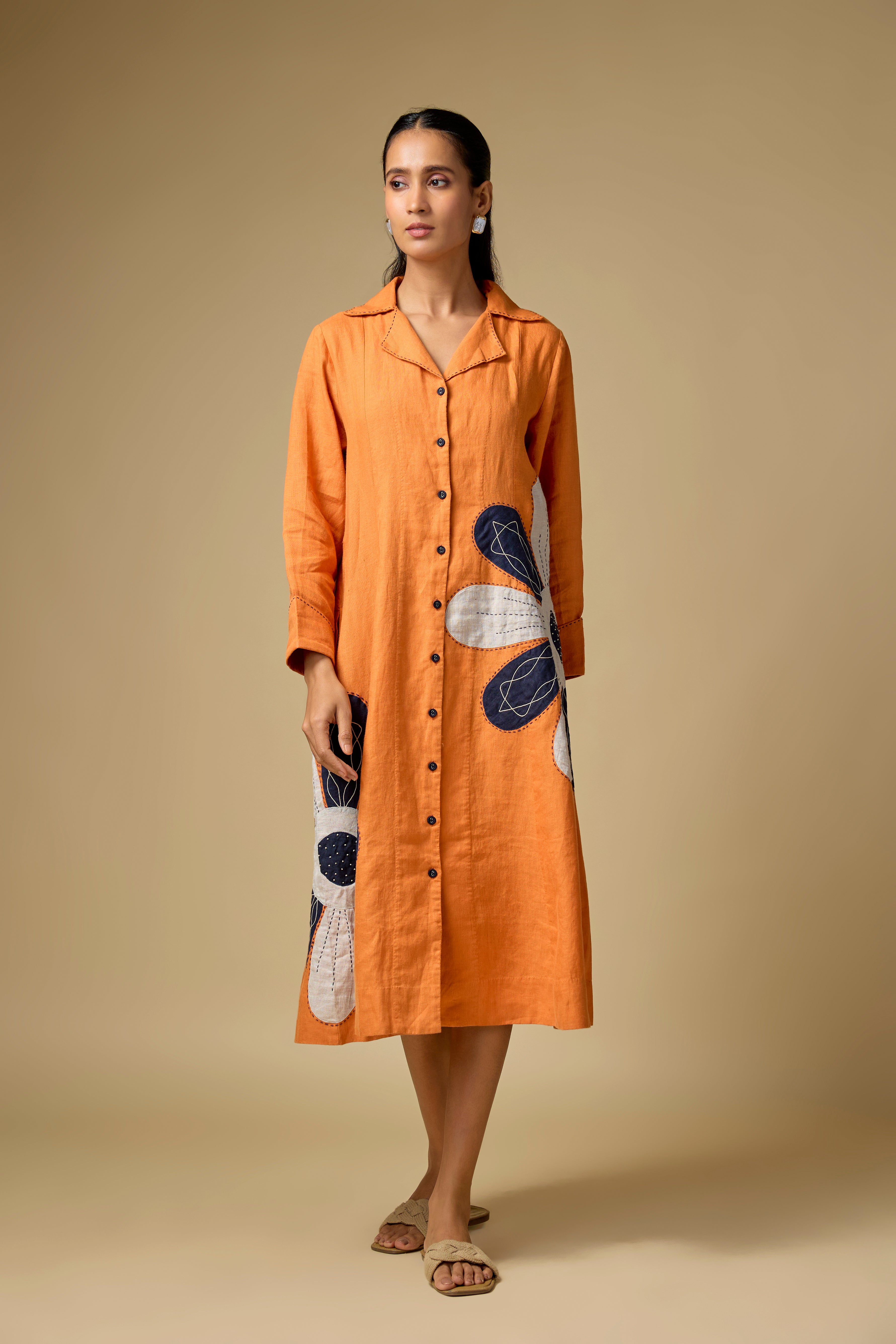 Pure Linen Orange Floral Embroidery Dress