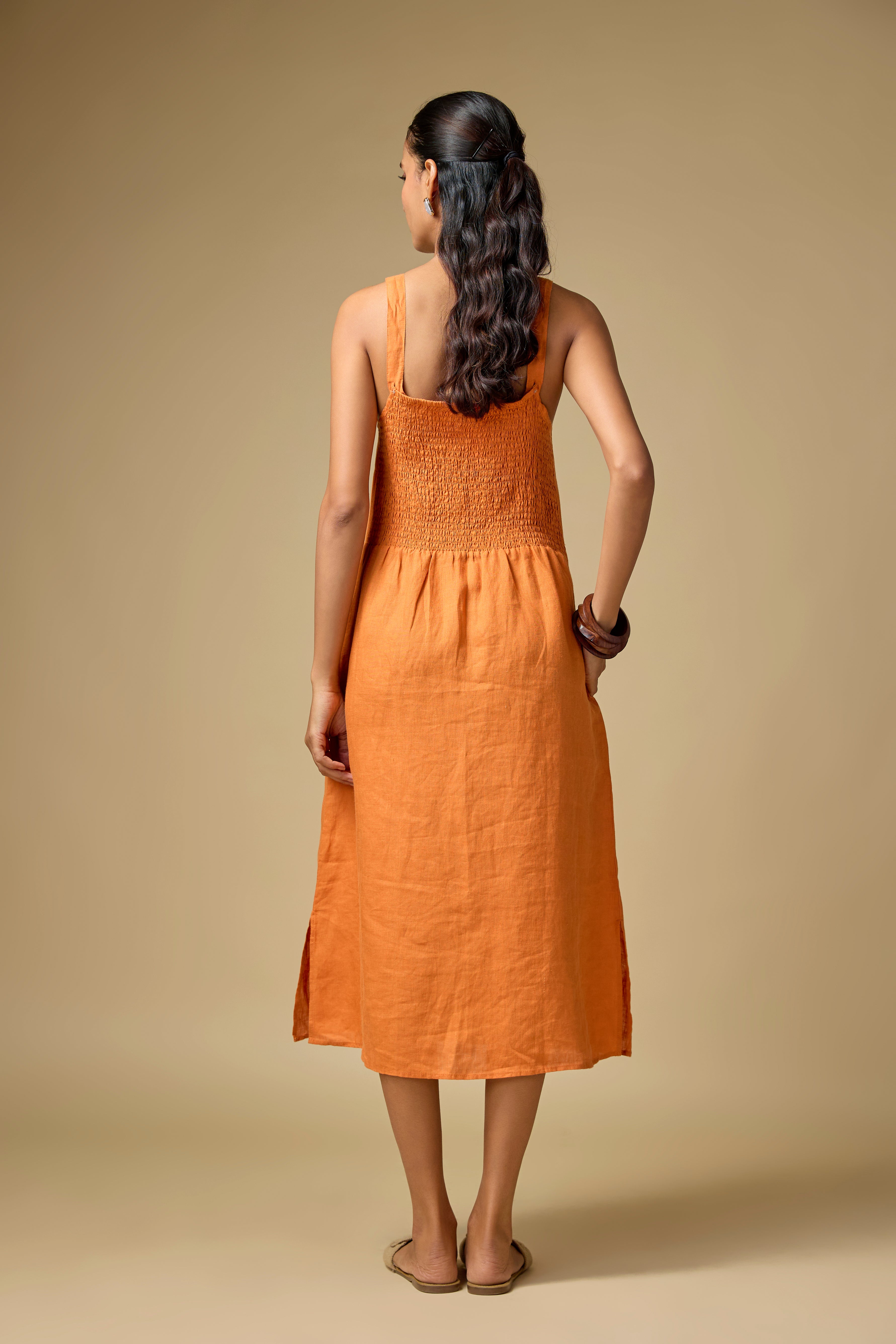 Pure Linen Orange Floral Embroidery Sun Dress