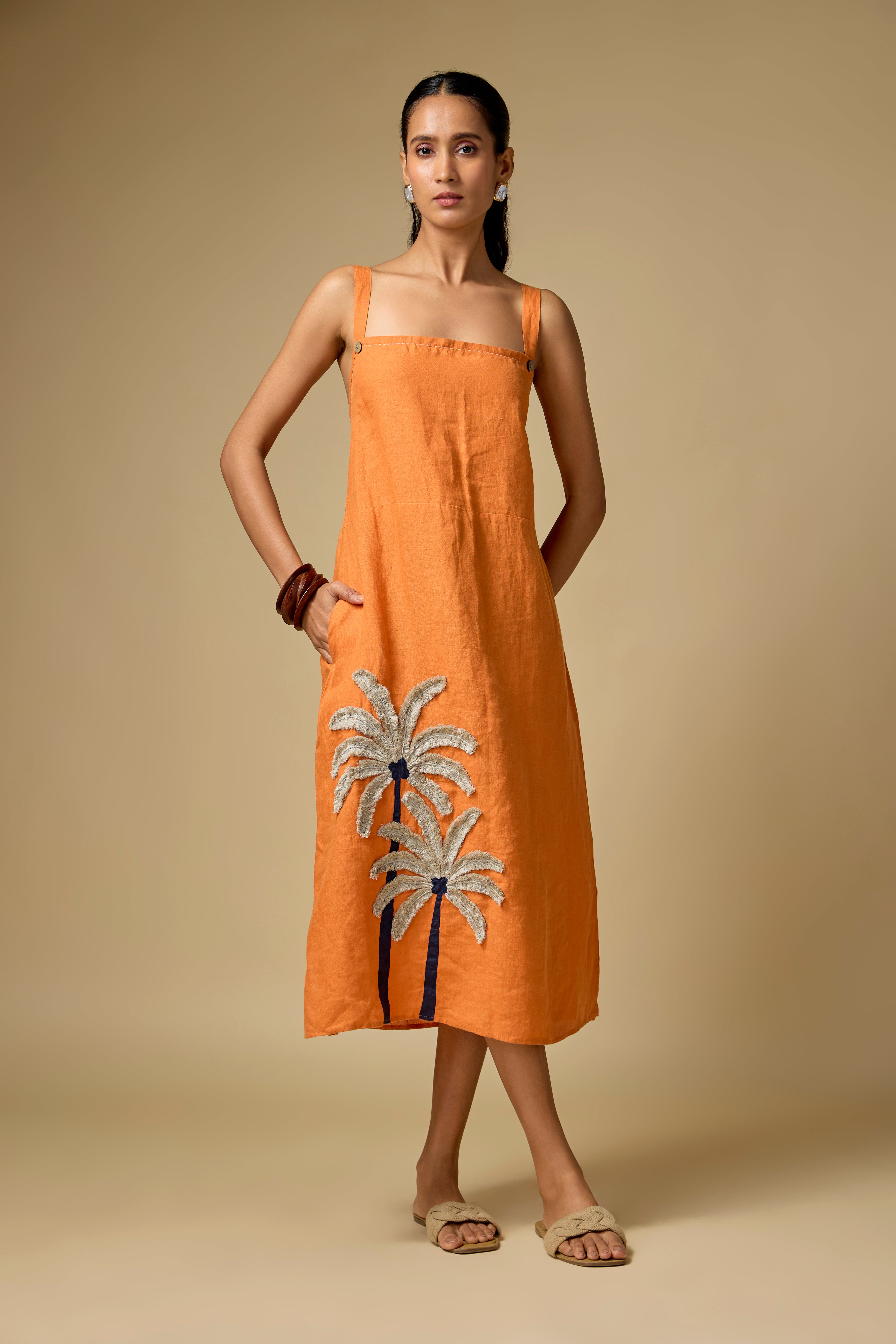 Pure Linen Orange Floral Embroidery Sun Dress