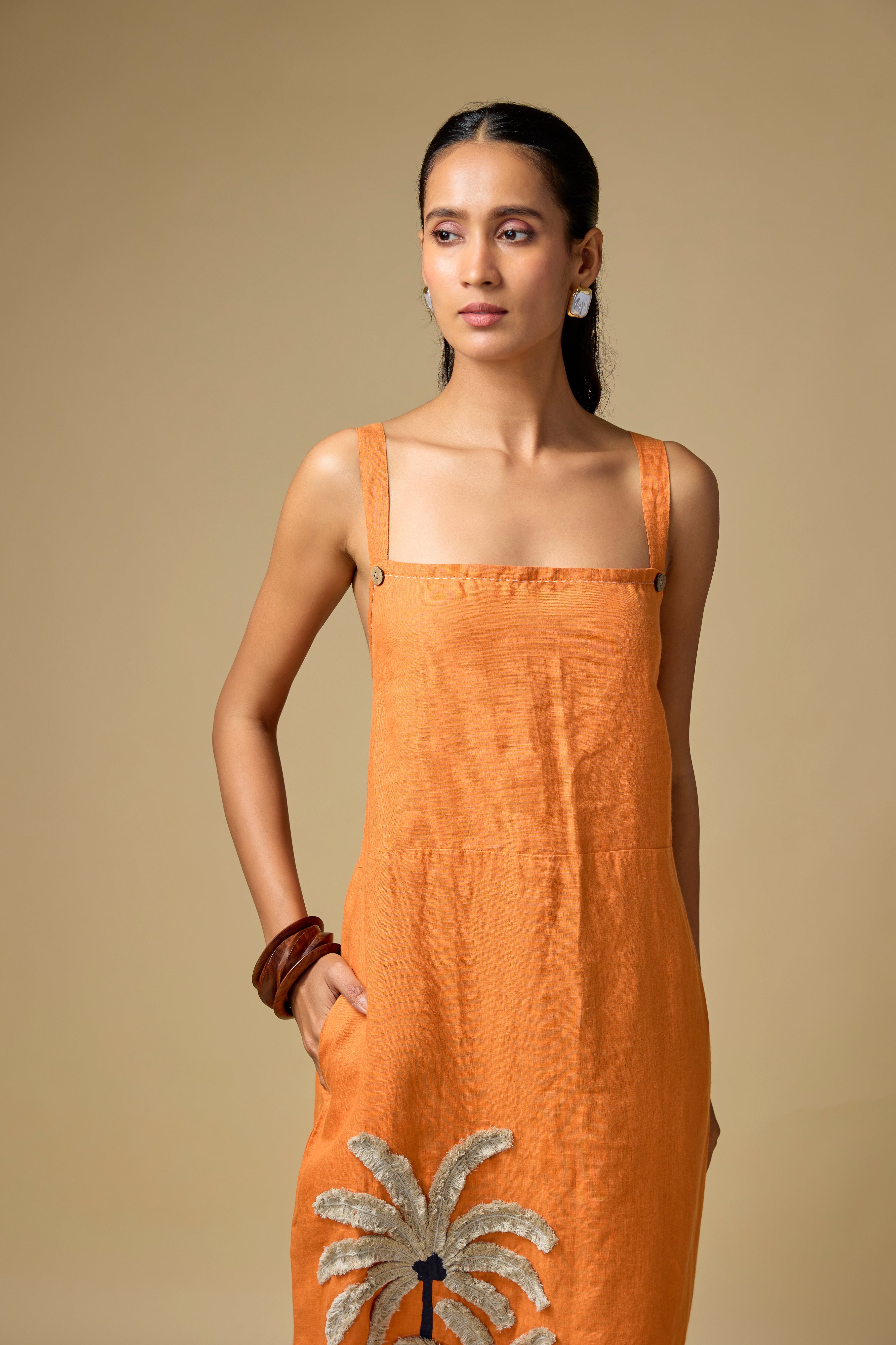 Pure Linen Orange Floral Embroidery Sun Dress