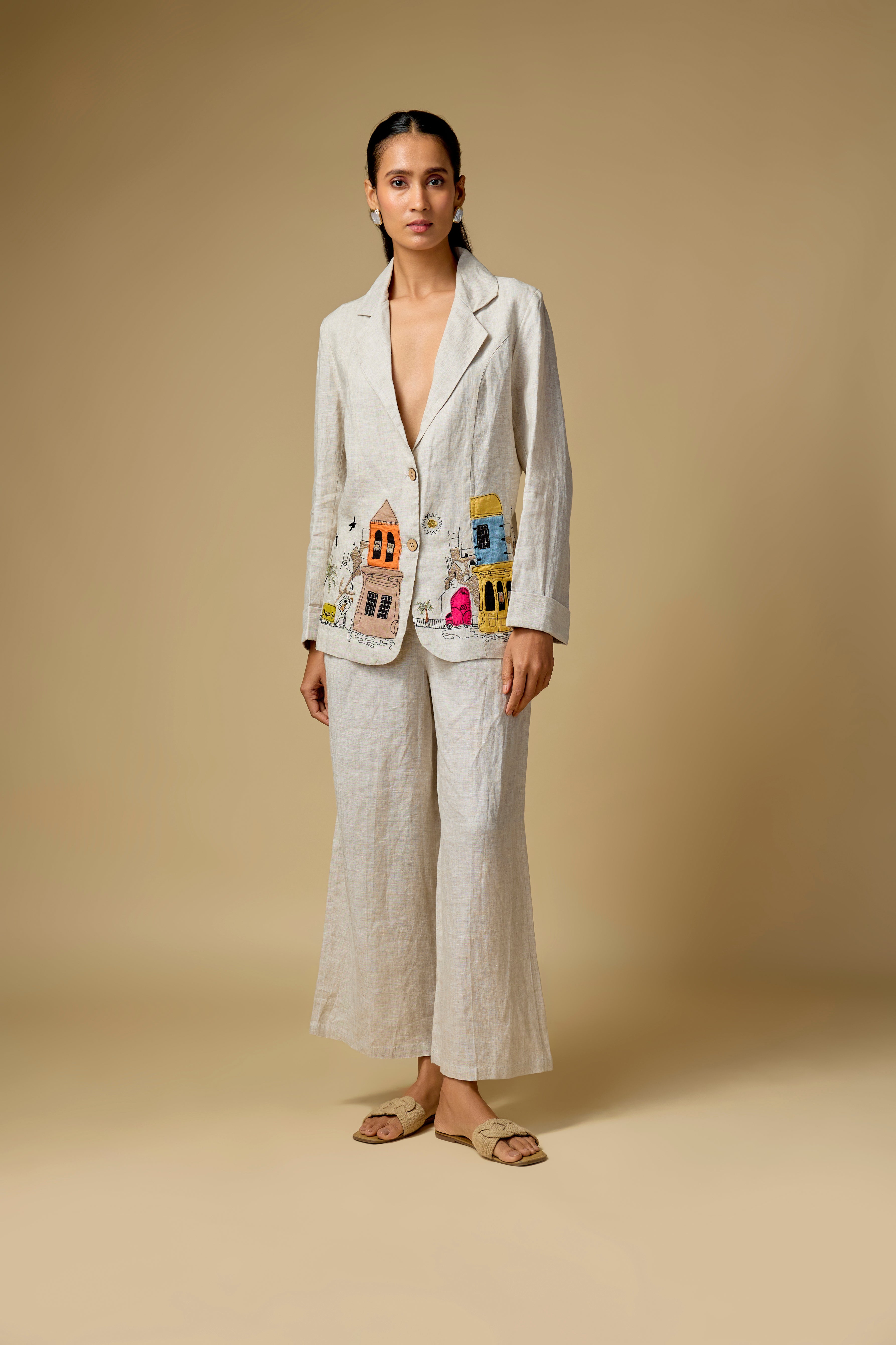 Pure Linen Beige Doodle Embrodiery Blazer