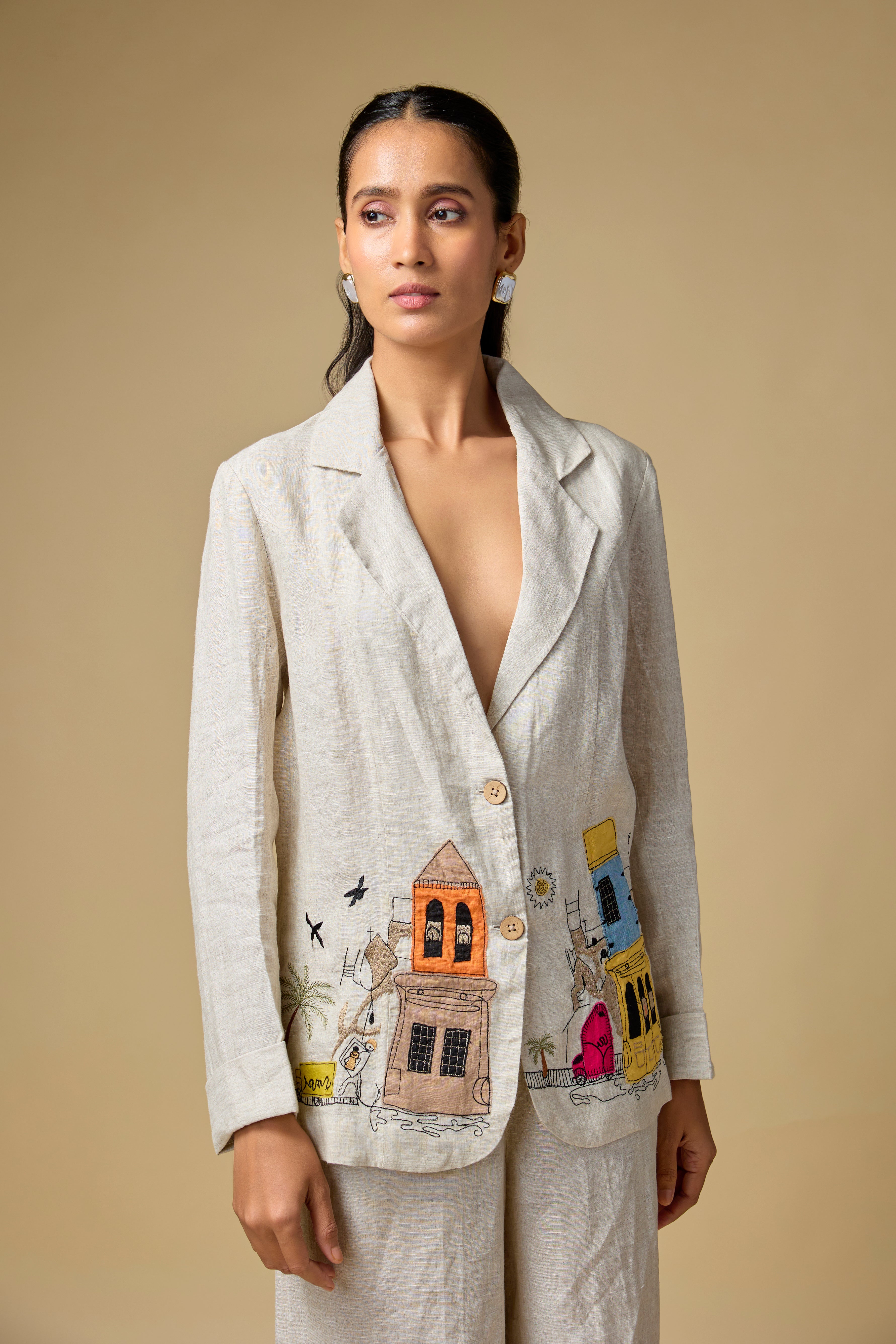 Pure Linen Beige Doodle Embrodiery Blazer