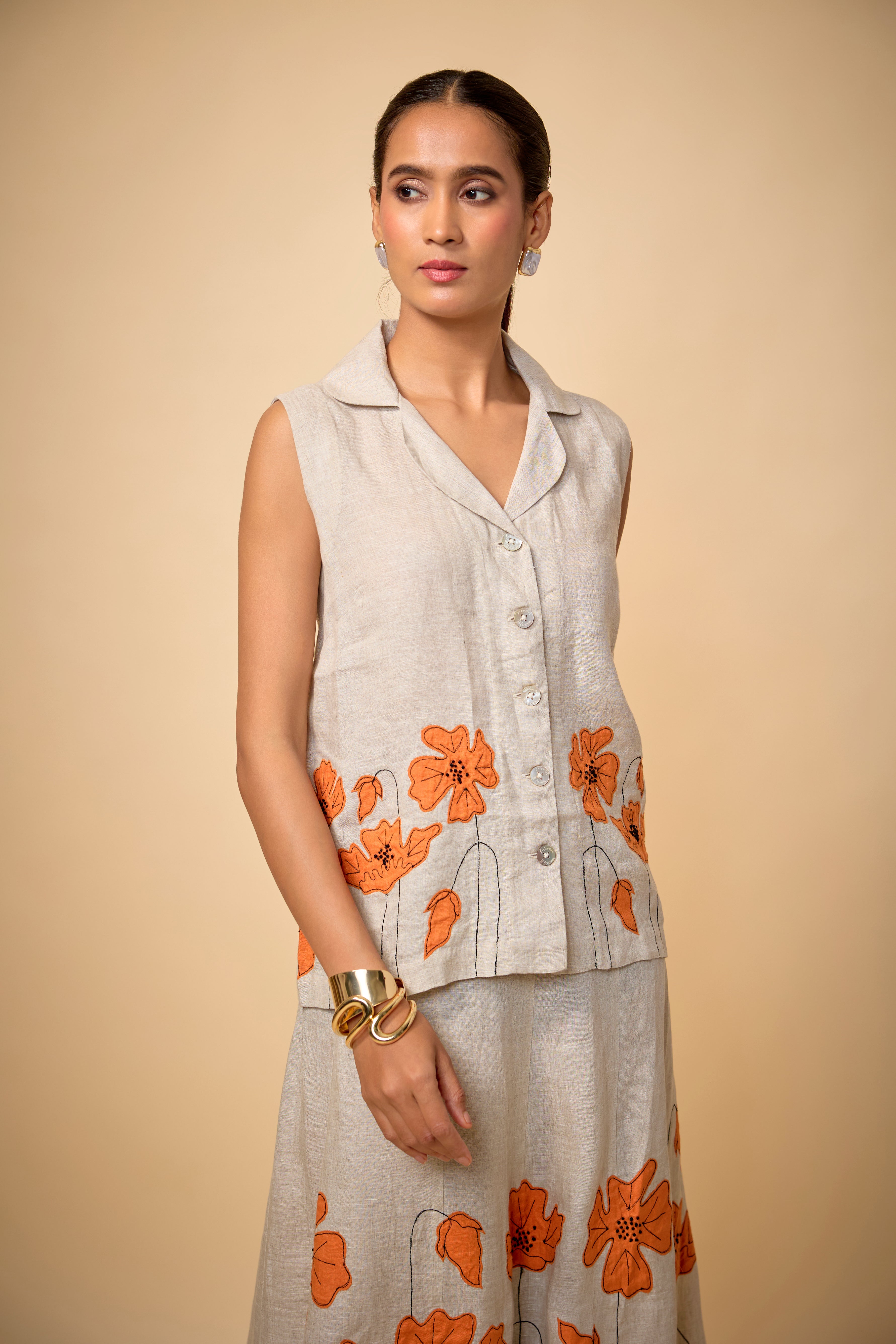 Pure Linen Beige Floral Skirt+top Set