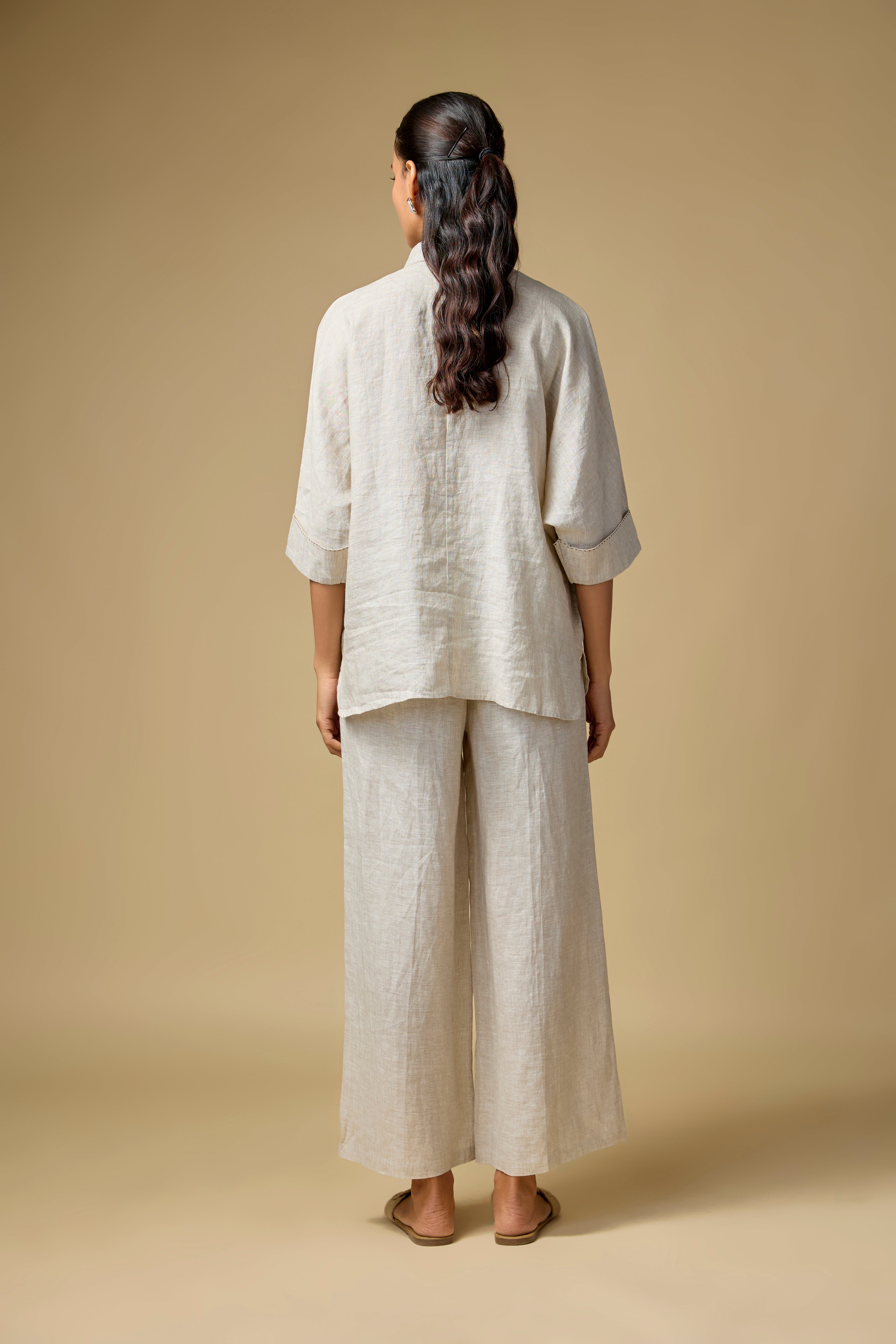 Pure Linen Beige Doodle Embridered Shirt