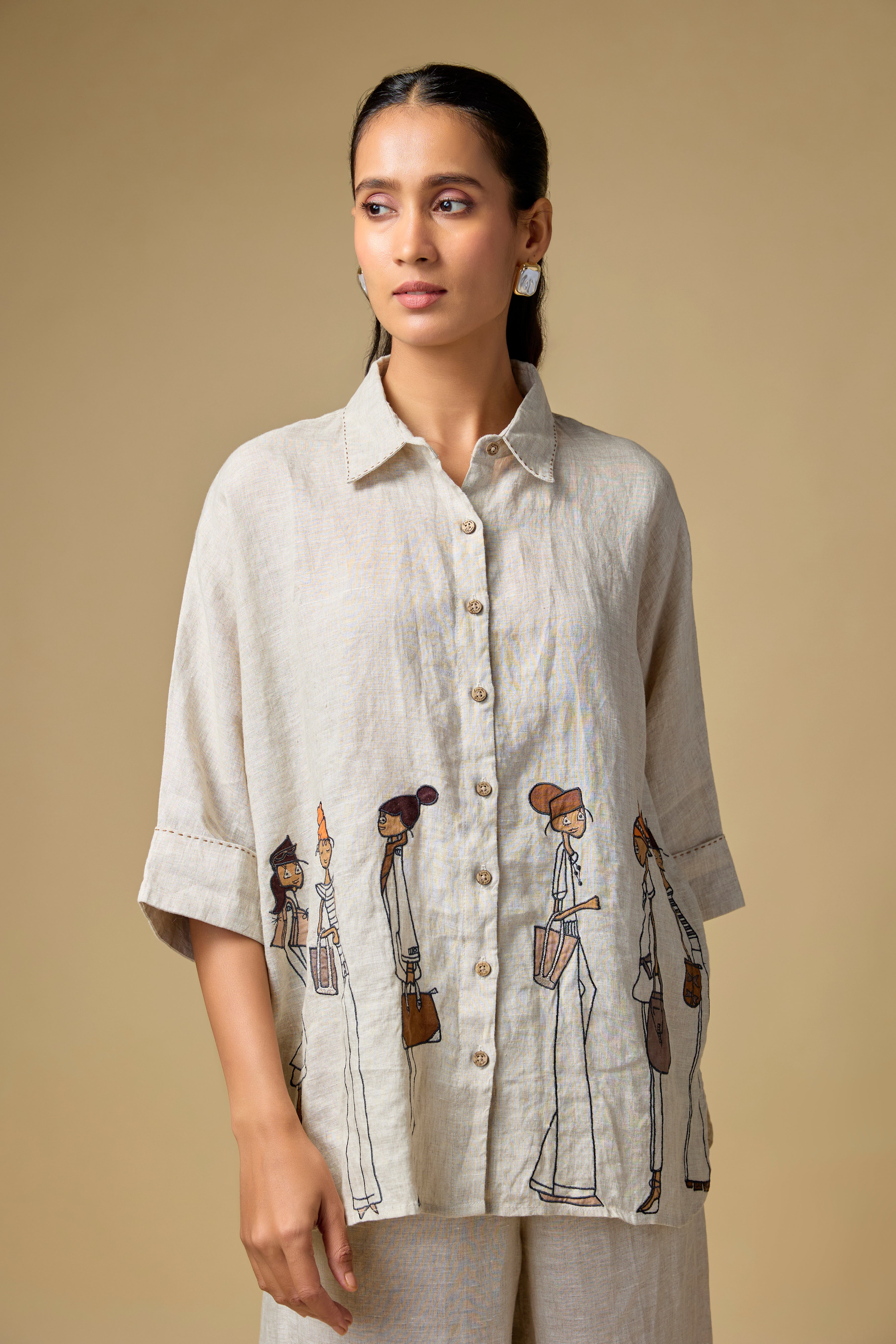 Pure Linen Beige Doodle Embridered Shirt
