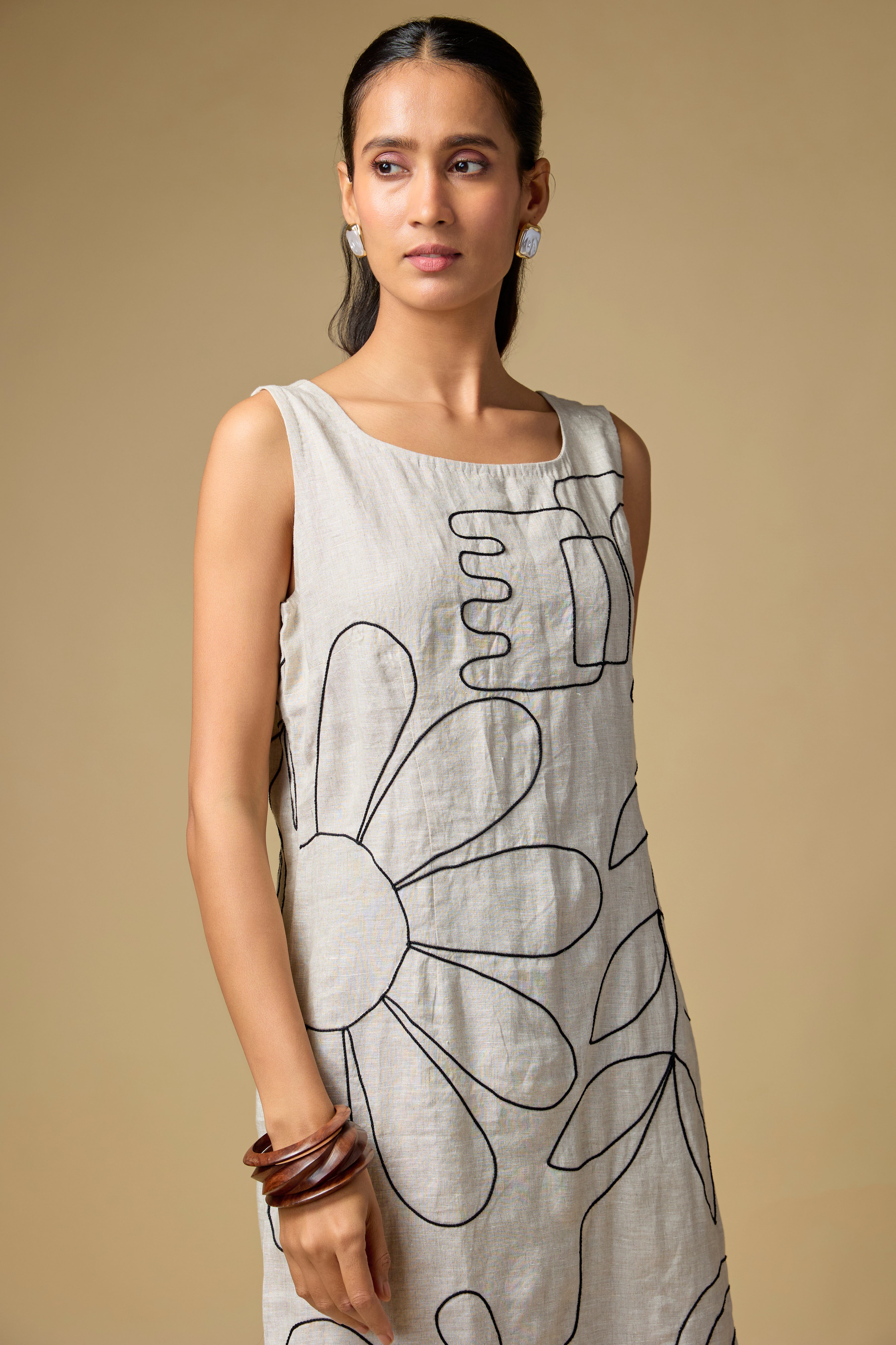 Pure Linen Sleeveless Dress With Dori Work