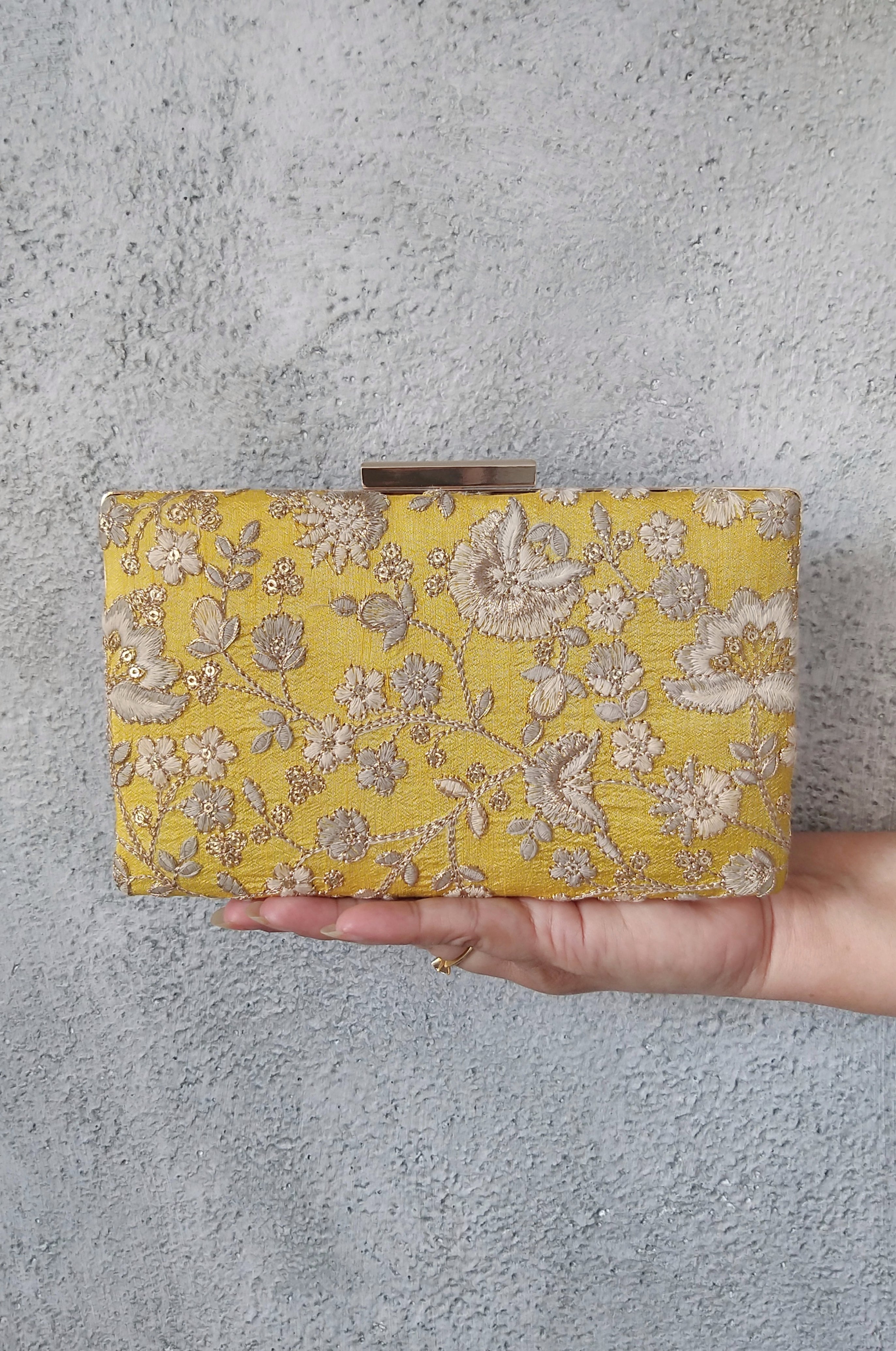 Leya Embroidered Clutch With Sling Yellow