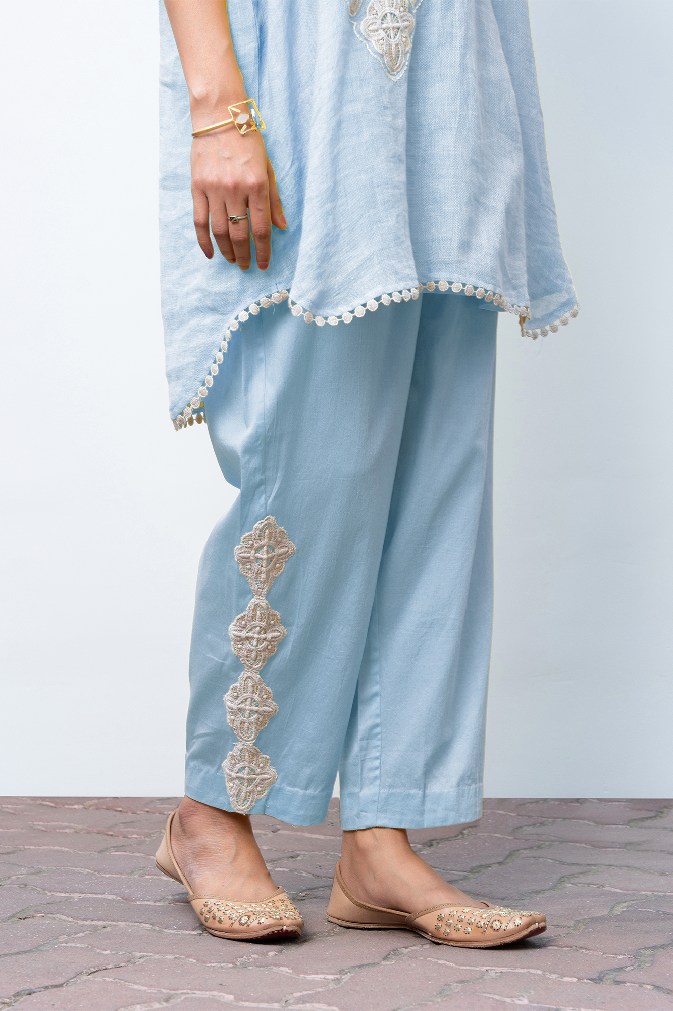 Powder Blue Linen Kaftan Kurta Set