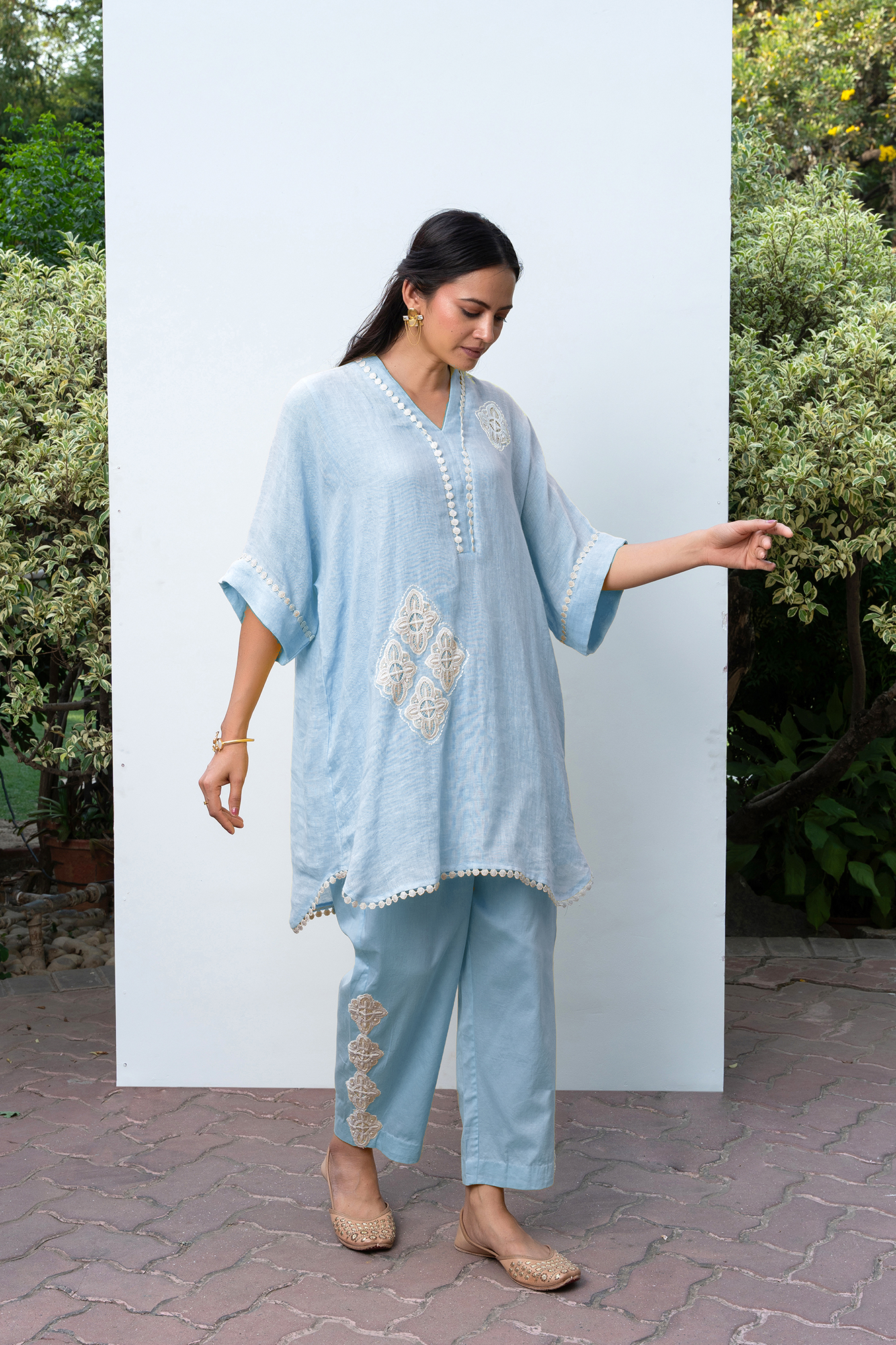 Powder Blue Linen Kaftan Kurta Set