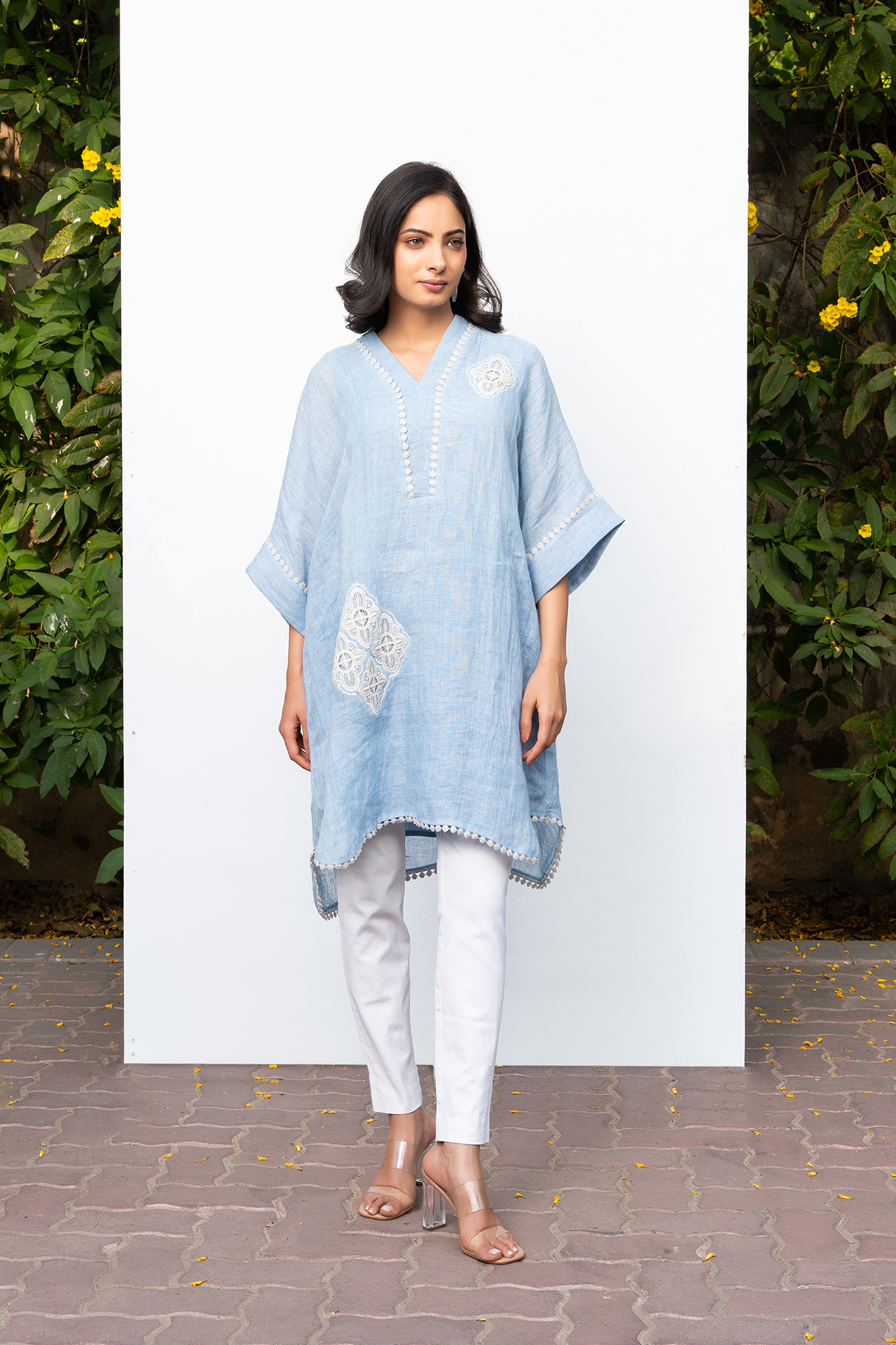 Powder Blue Linen Kaftan Kurta Set