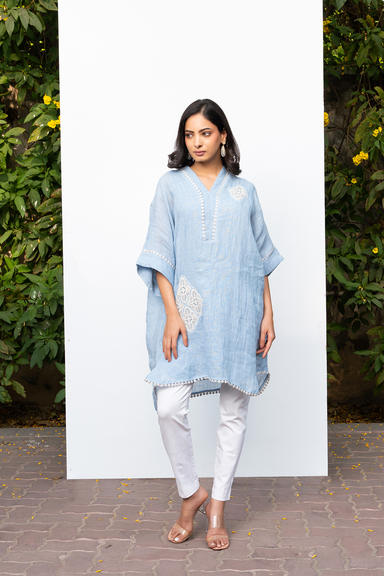 Powder Blue Linen Kaftan Kurta Set