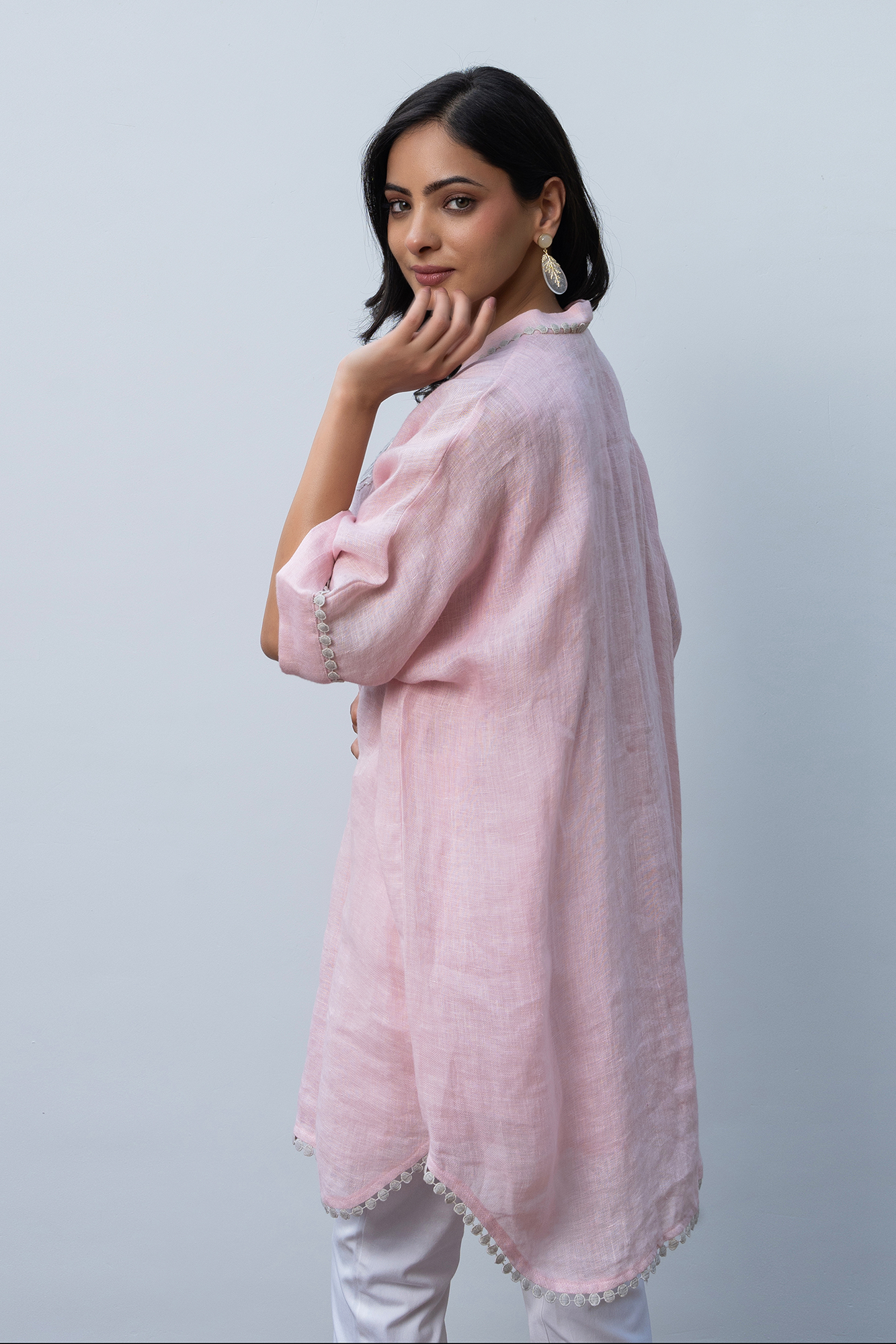 Pink Linen Kaftan Kurta Set