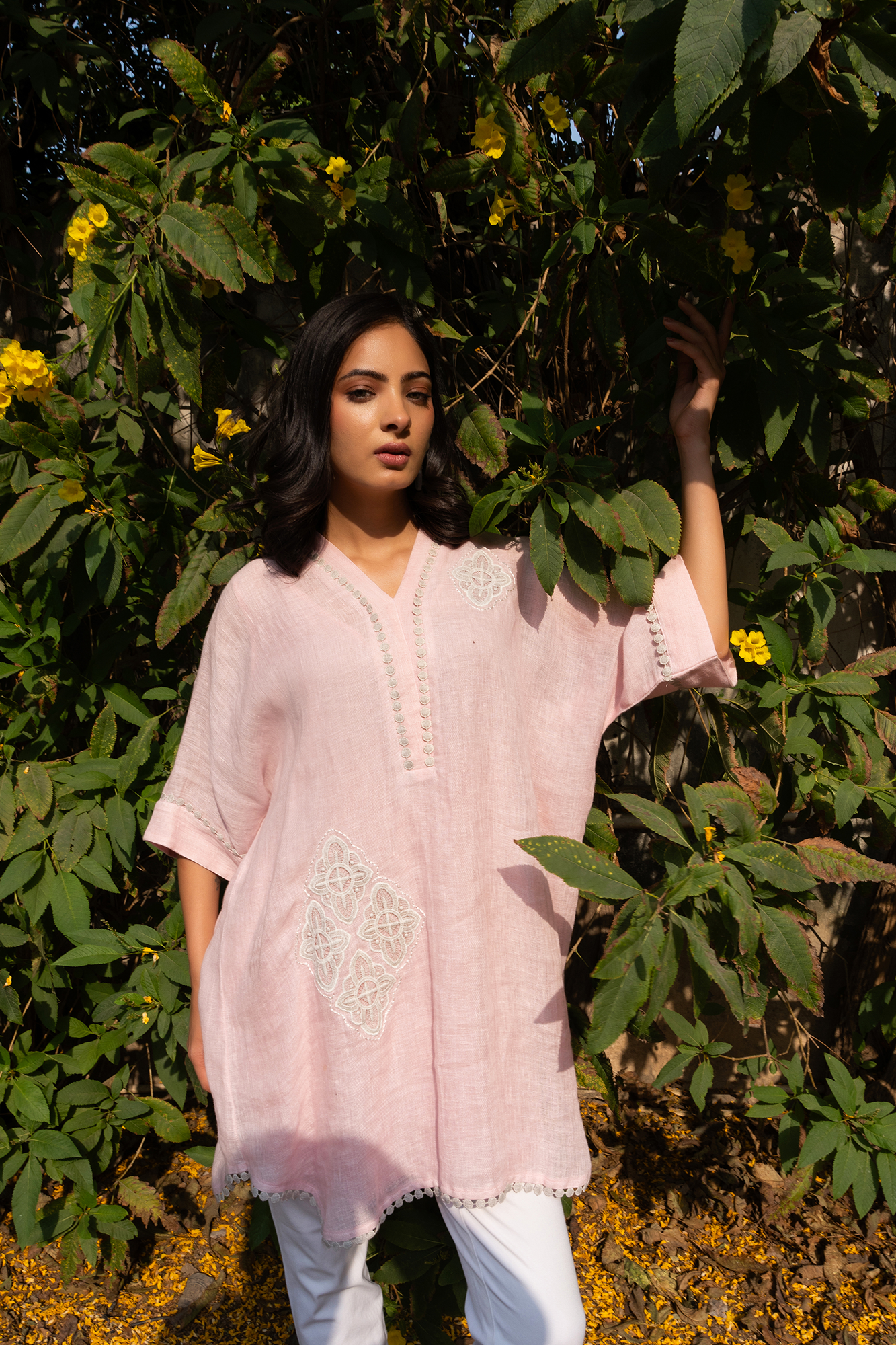 Pink Linen Kaftan Kurta Set