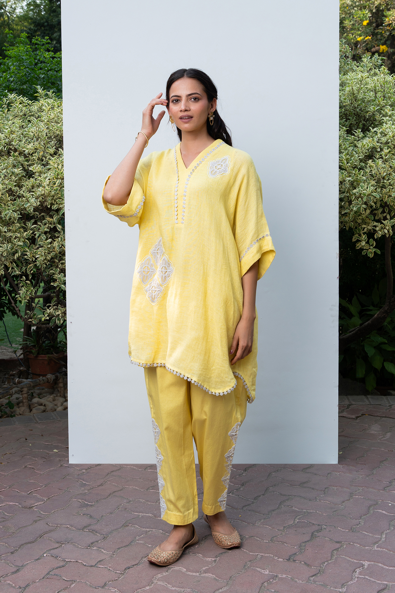 Yellow Linen Kaftan Kurta Set