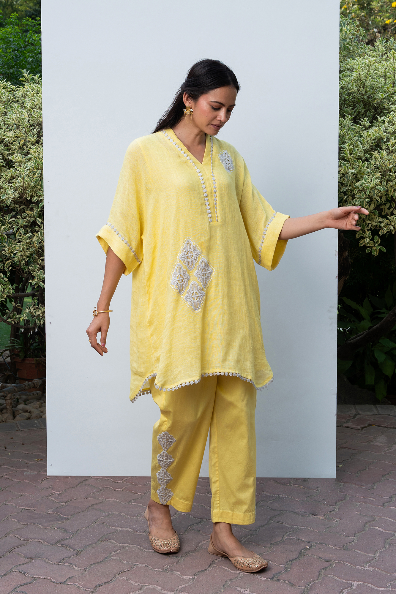 Yellow Linen Kaftan Kurta Set