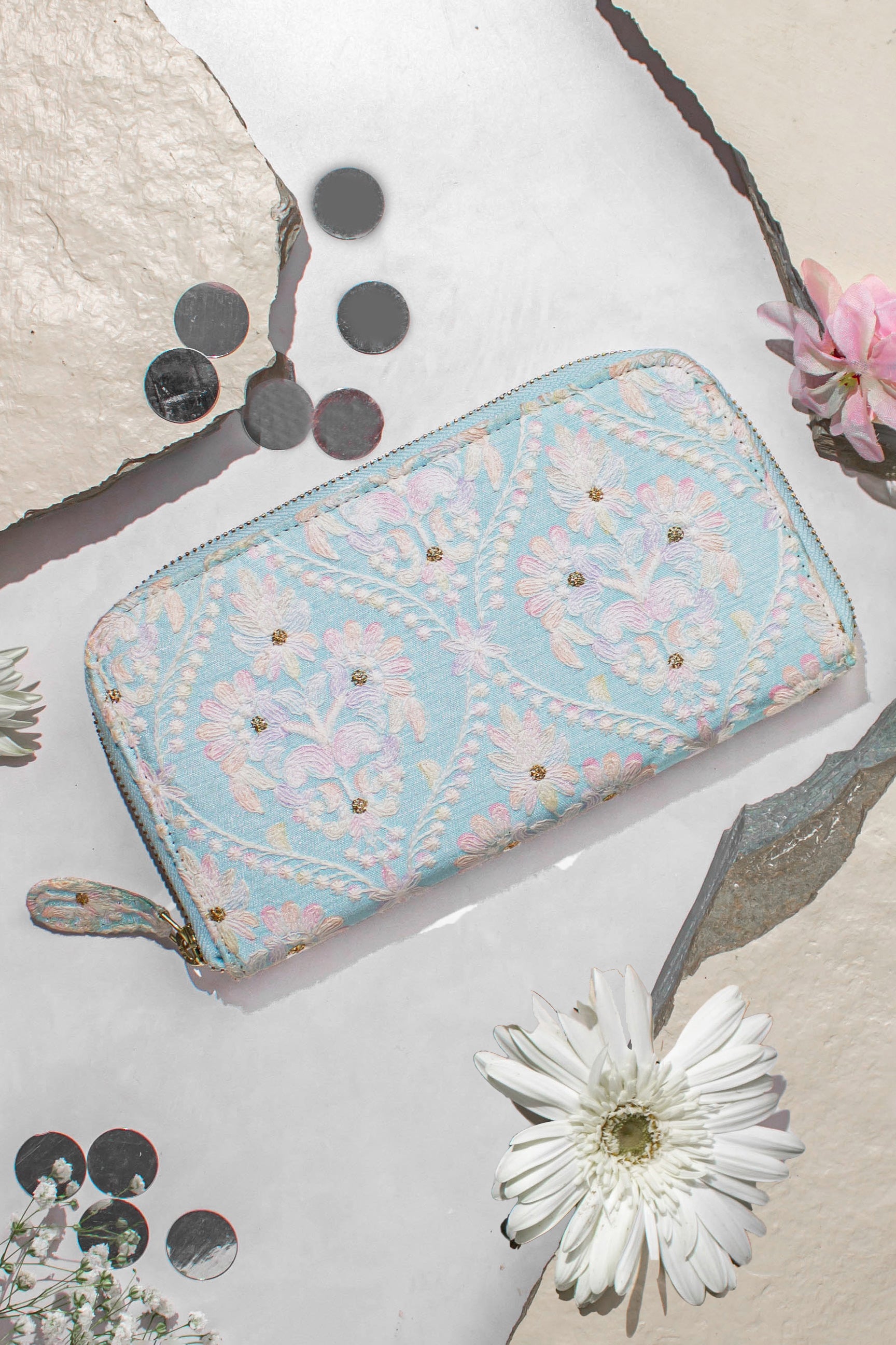 Anaqat Silk Embroidered Wallet Baby Blue