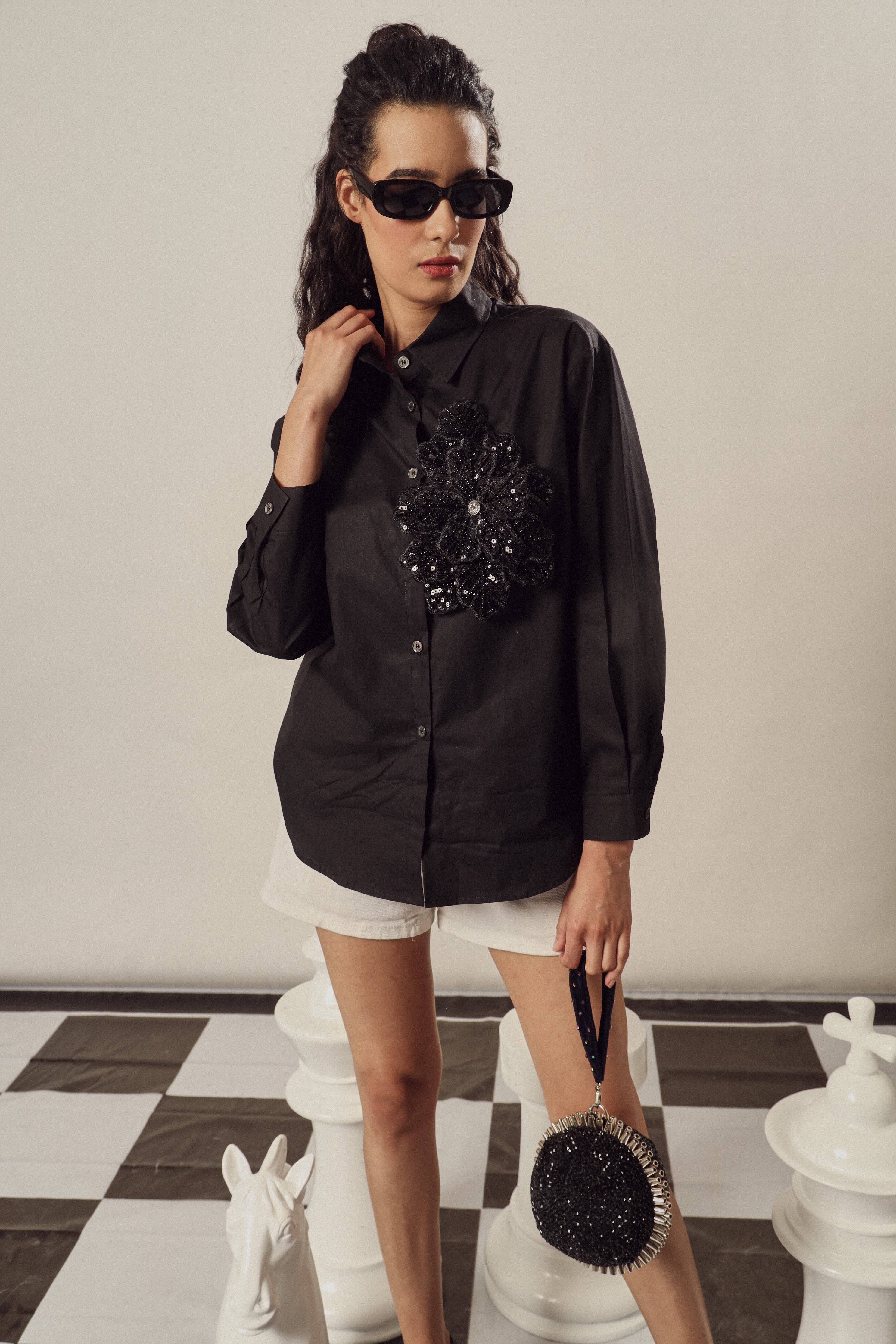 Fallon Embroidered Shirt-Black