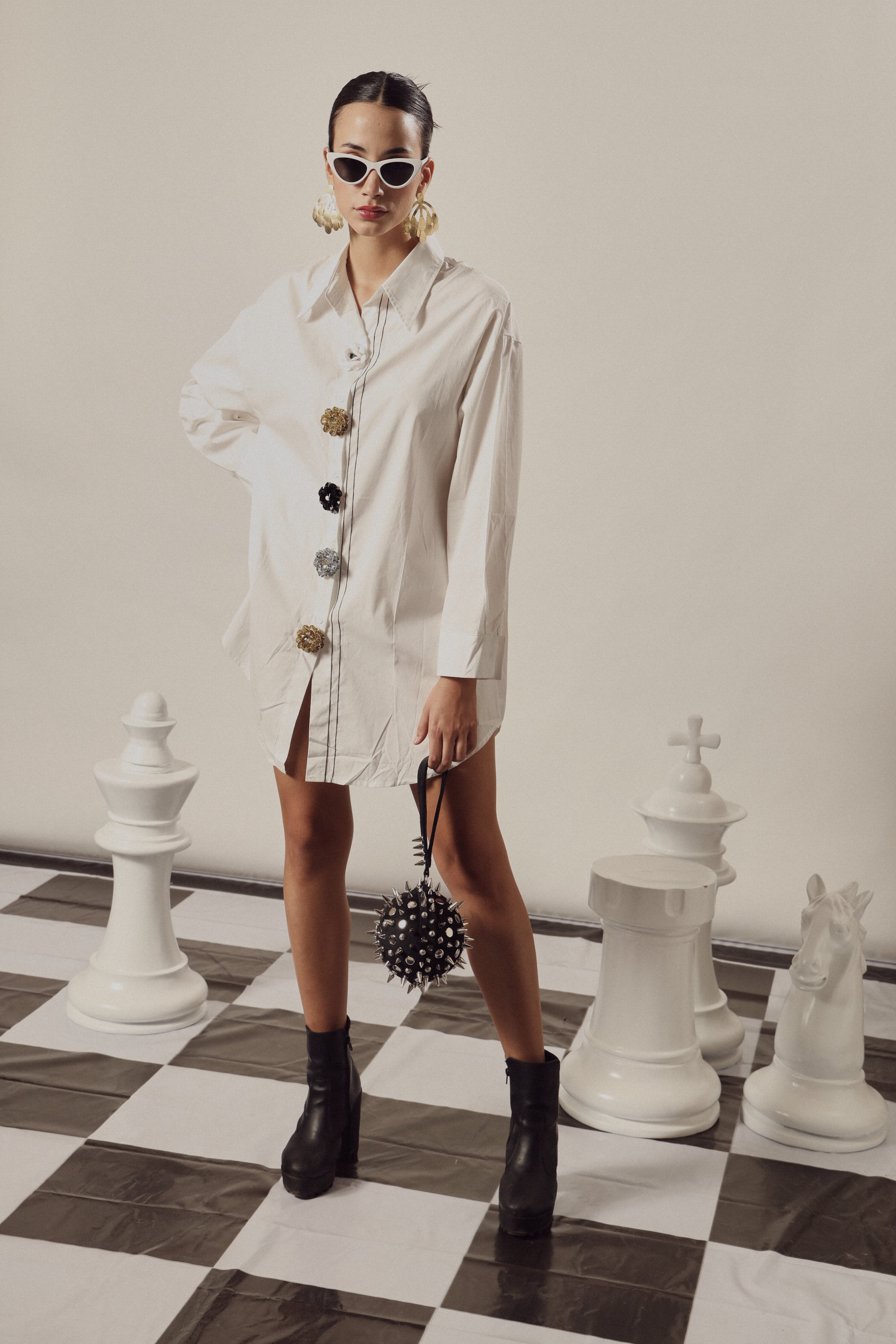 Beatrix Bejeweled Button Me Up Shirt Dress-White