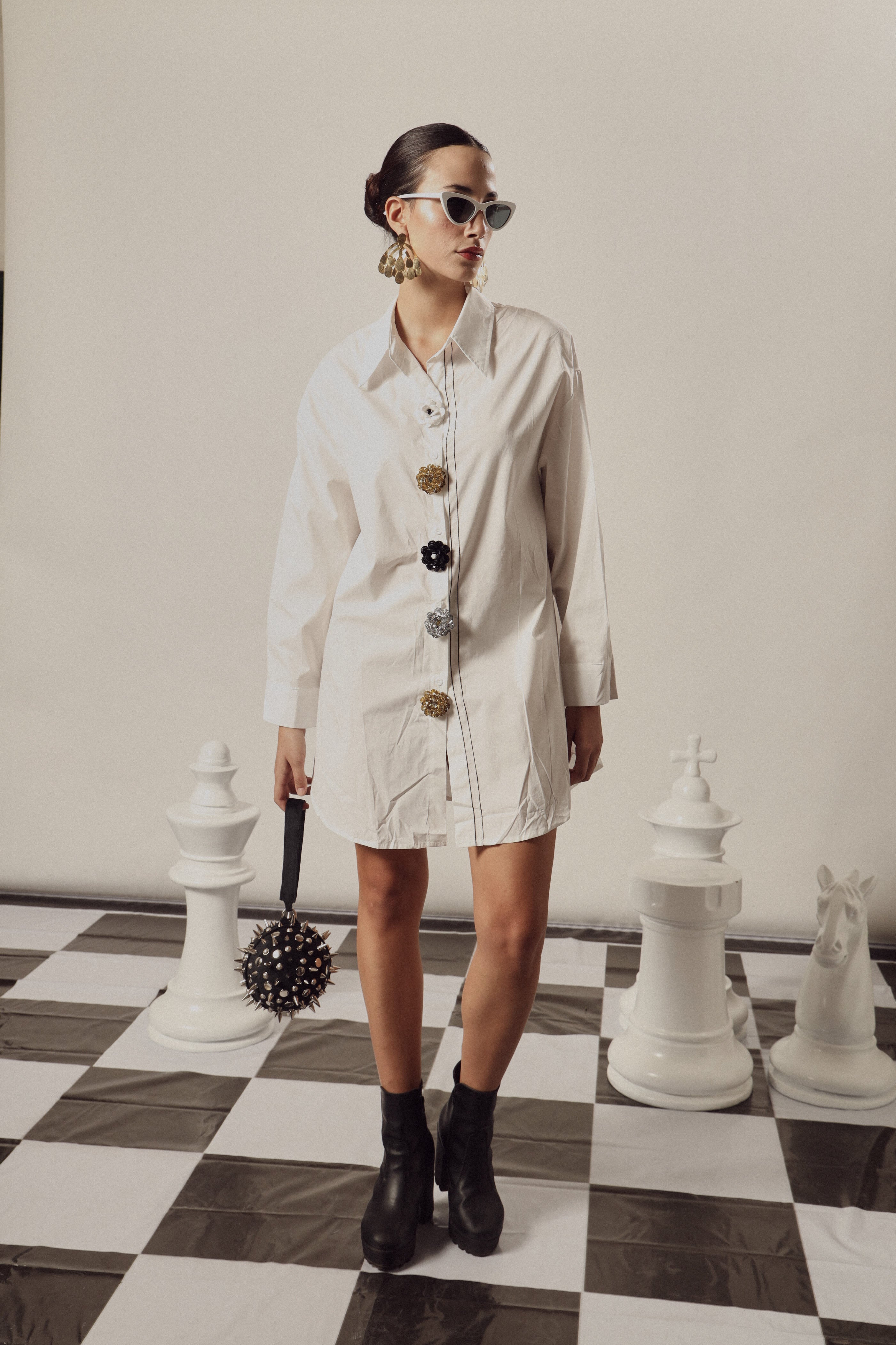 Beatrix Bejeweled Button Me Up Shirt Dress-White