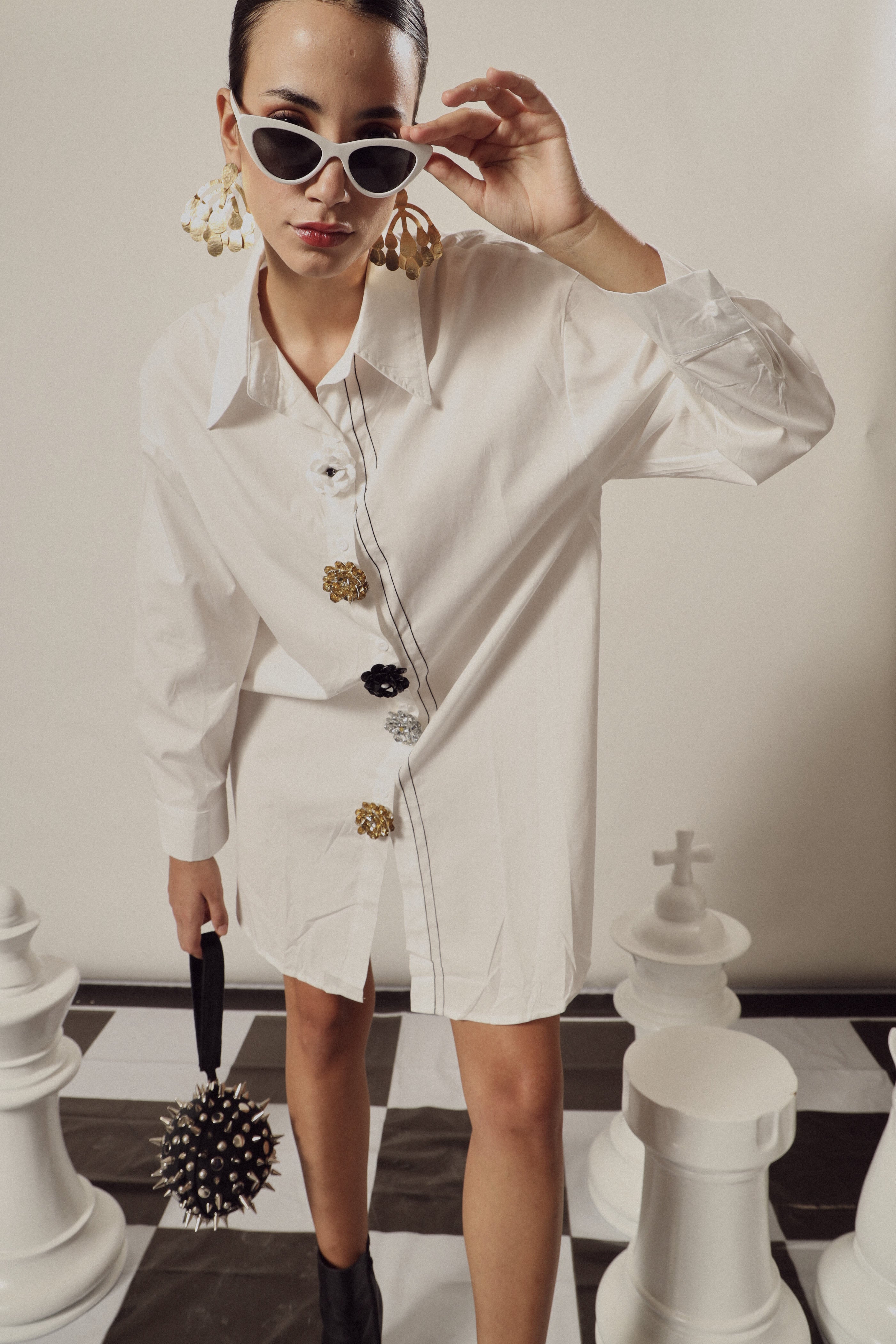 Beatrix Bejeweled Button Me Up Shirt Dress-White