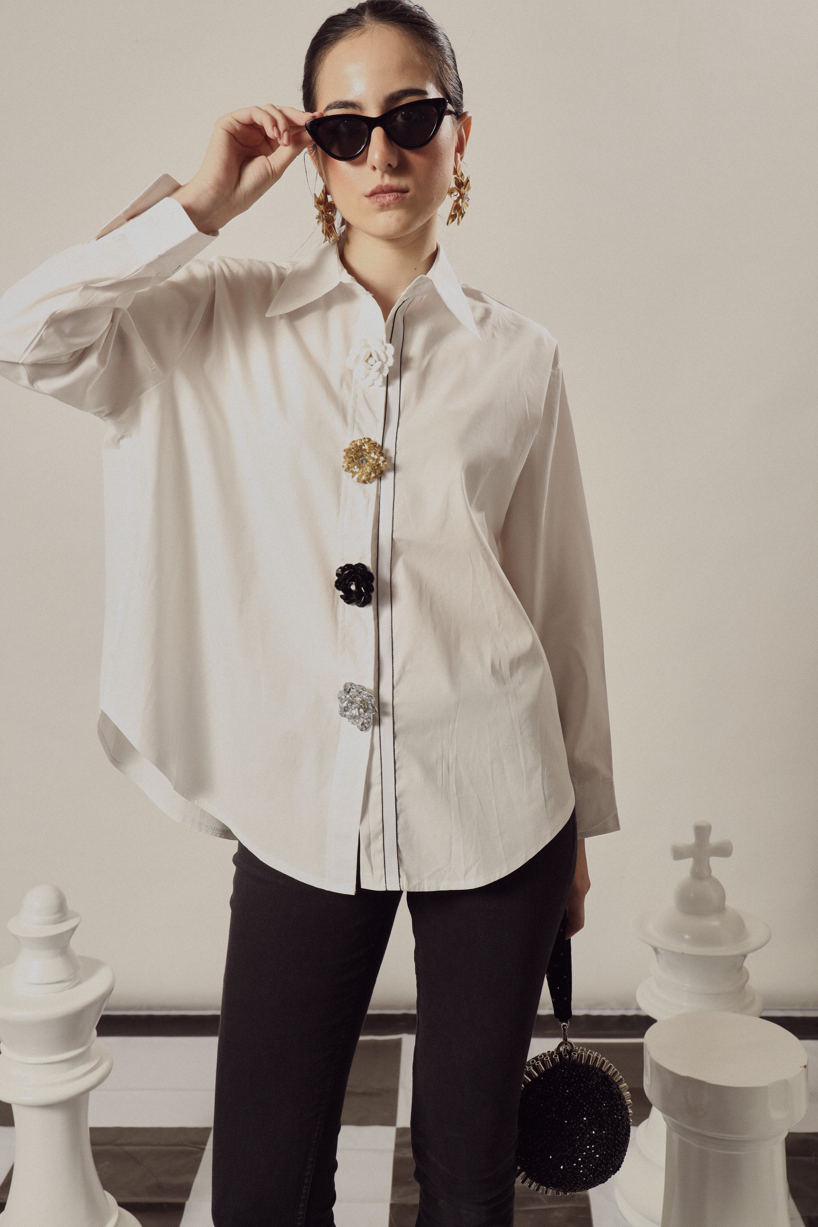 Beatrix Bejeweled Button Me Up Shirt-White