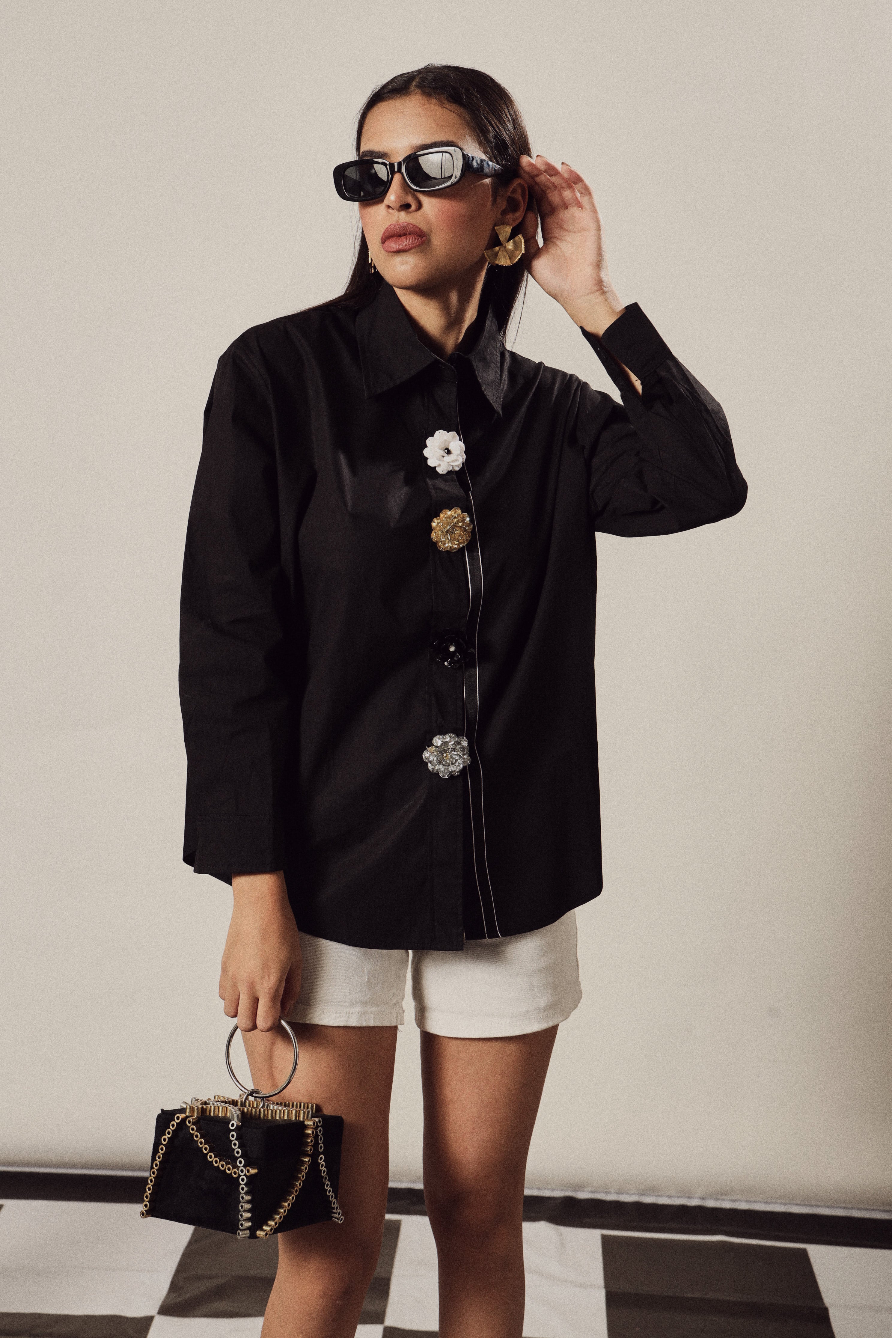 Beatrix Bejeweled Button Me Up Shirt-Black