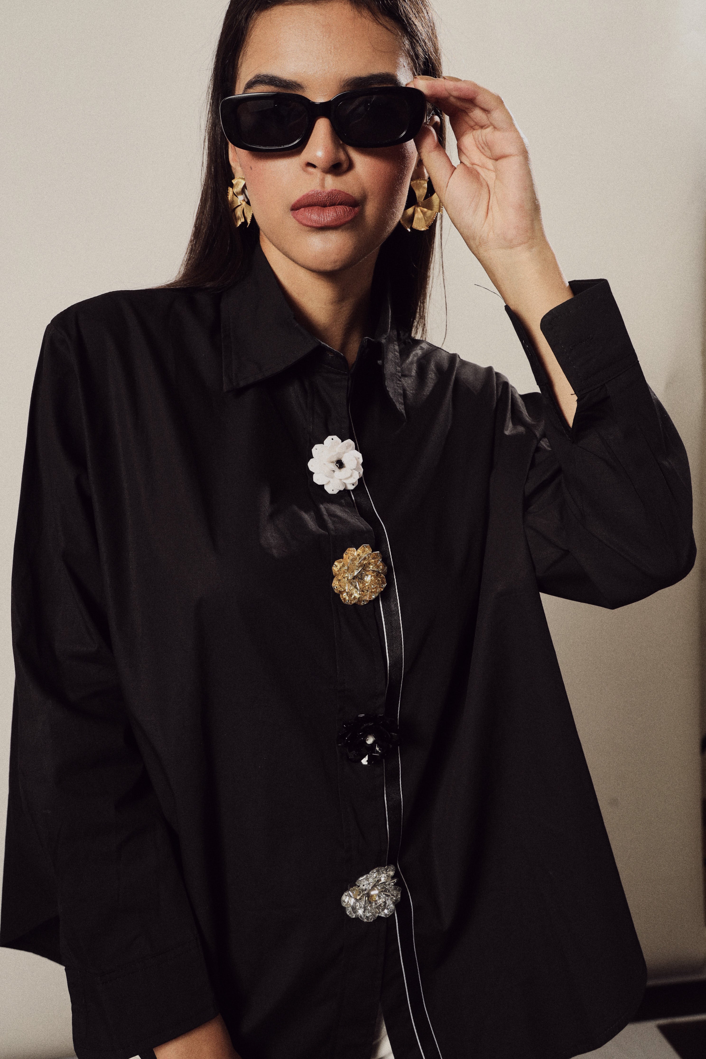 Beatrix Bejeweled Button Me Up Shirt-Black