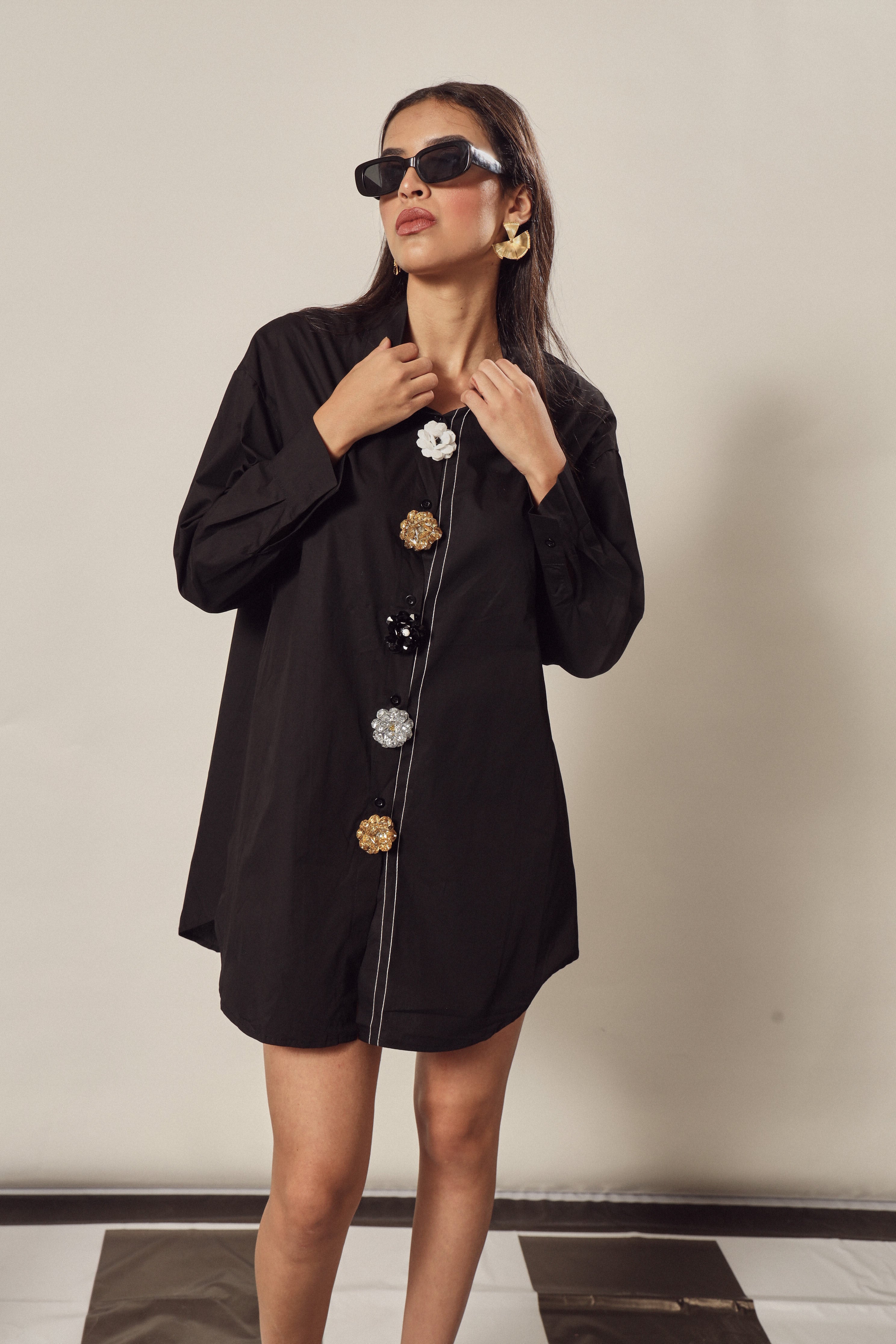 Beatrix Bejeweled Button Me Up Shirt Dress-Black