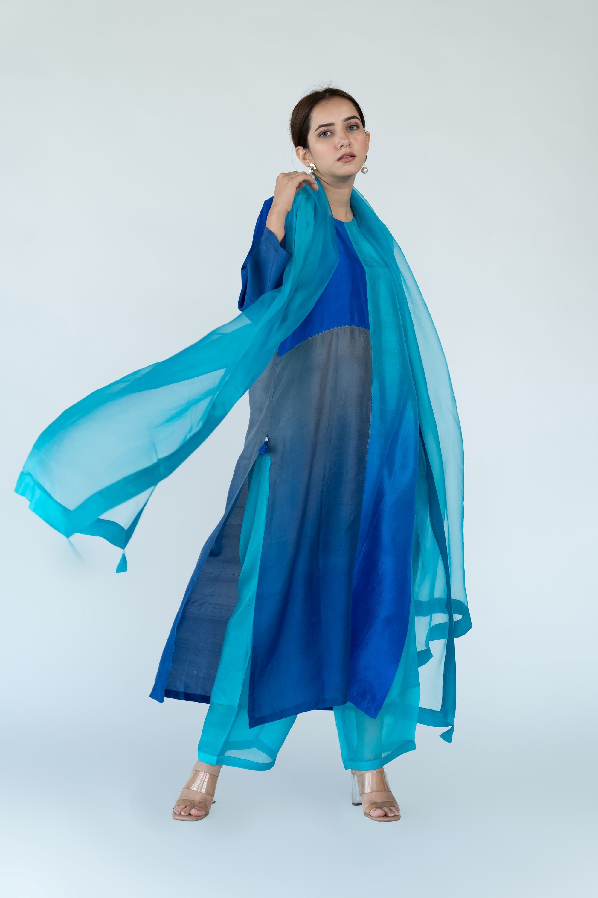 Ombre colour blocked kurta, silk pants with organza detailing and pure silk organza dupatta