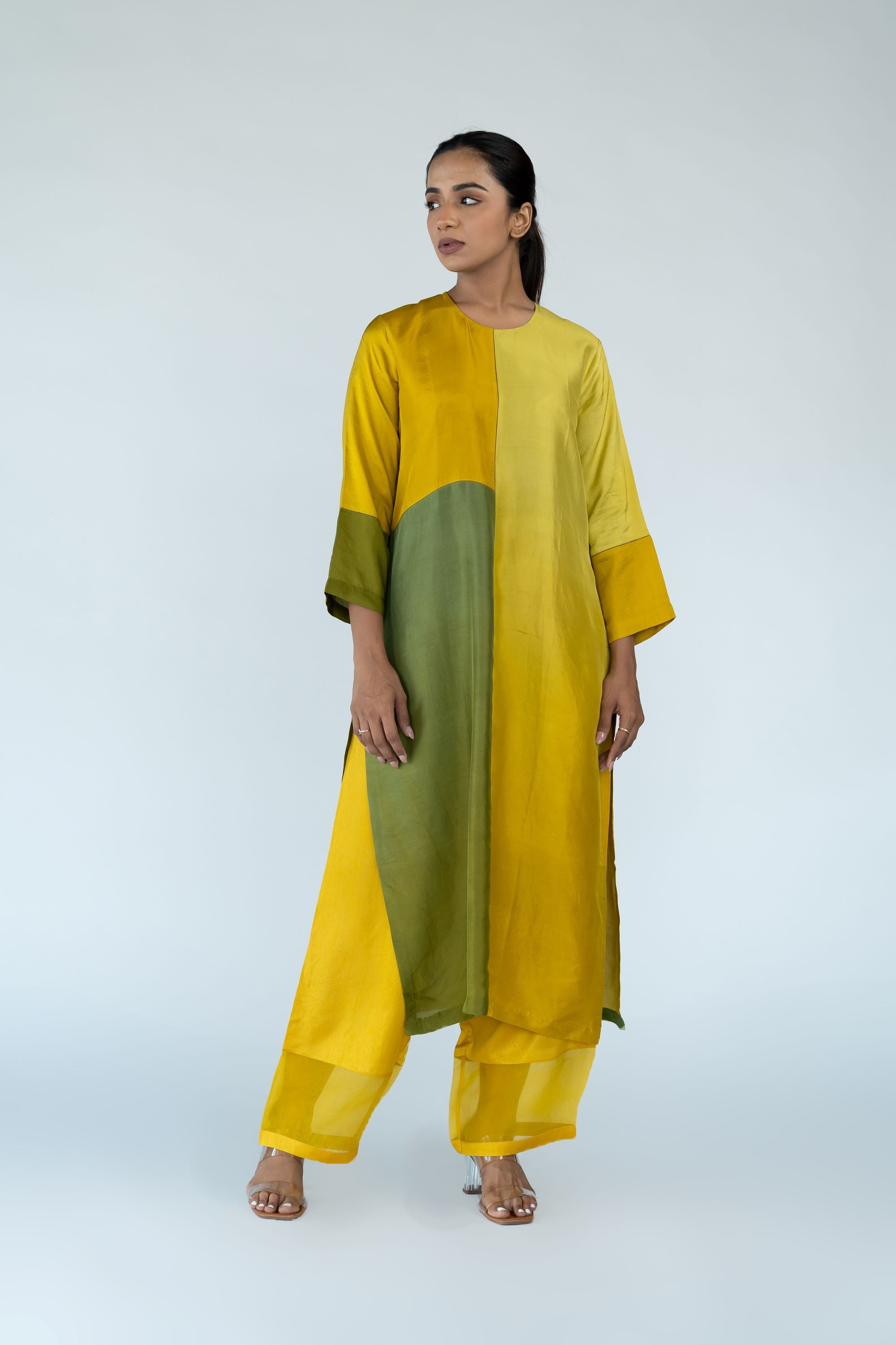 Ombre colour blocked kurta, silk pants with organza detailing and pure silk organza dupatta