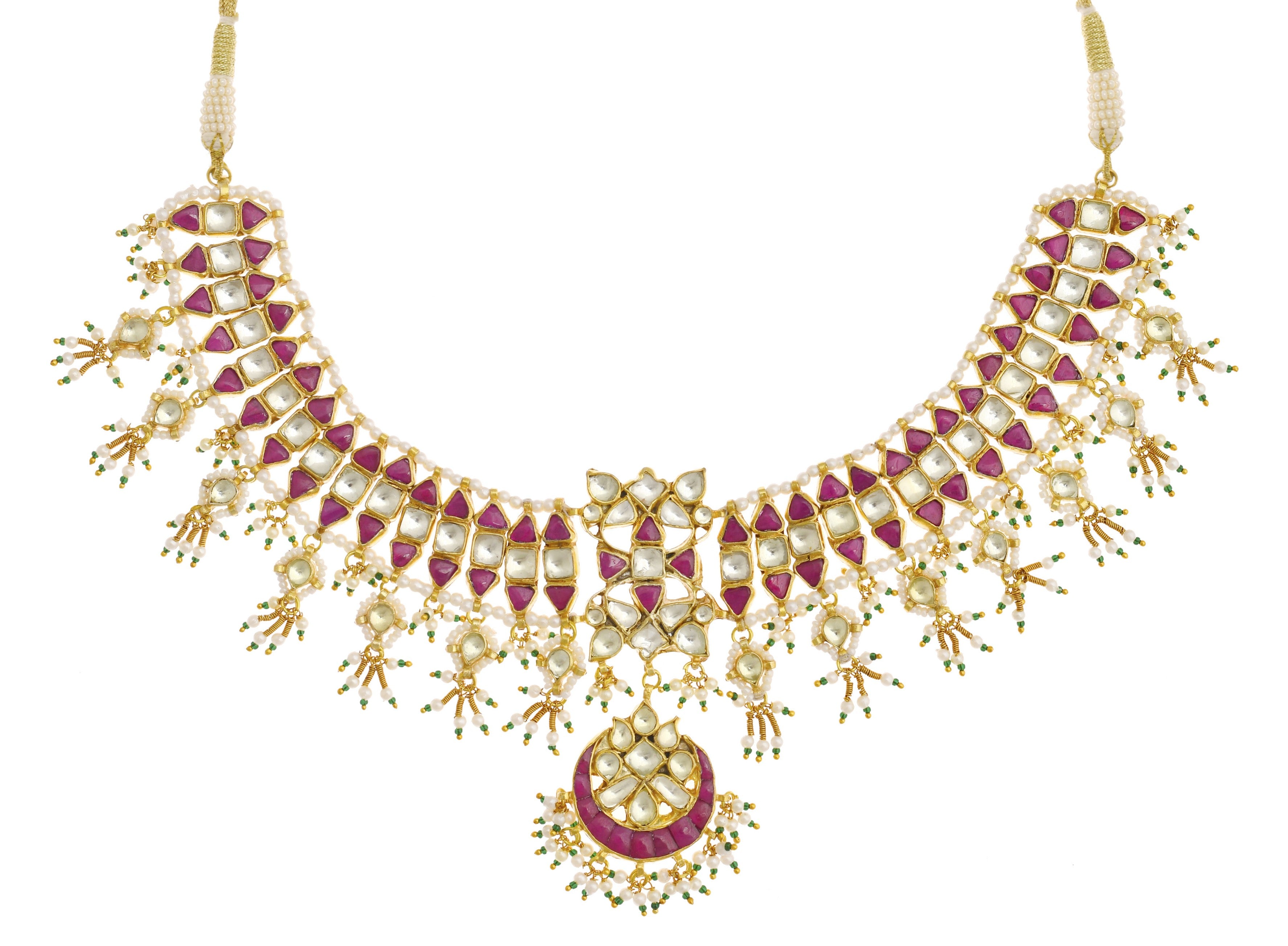 Green Gold Finish Jadau Necklace Set With Pearls